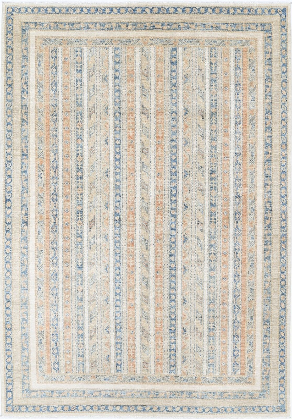 Tapis noué à la main bleu clair et beige à motif géométrique rayé, 2,01 x 2,96 m