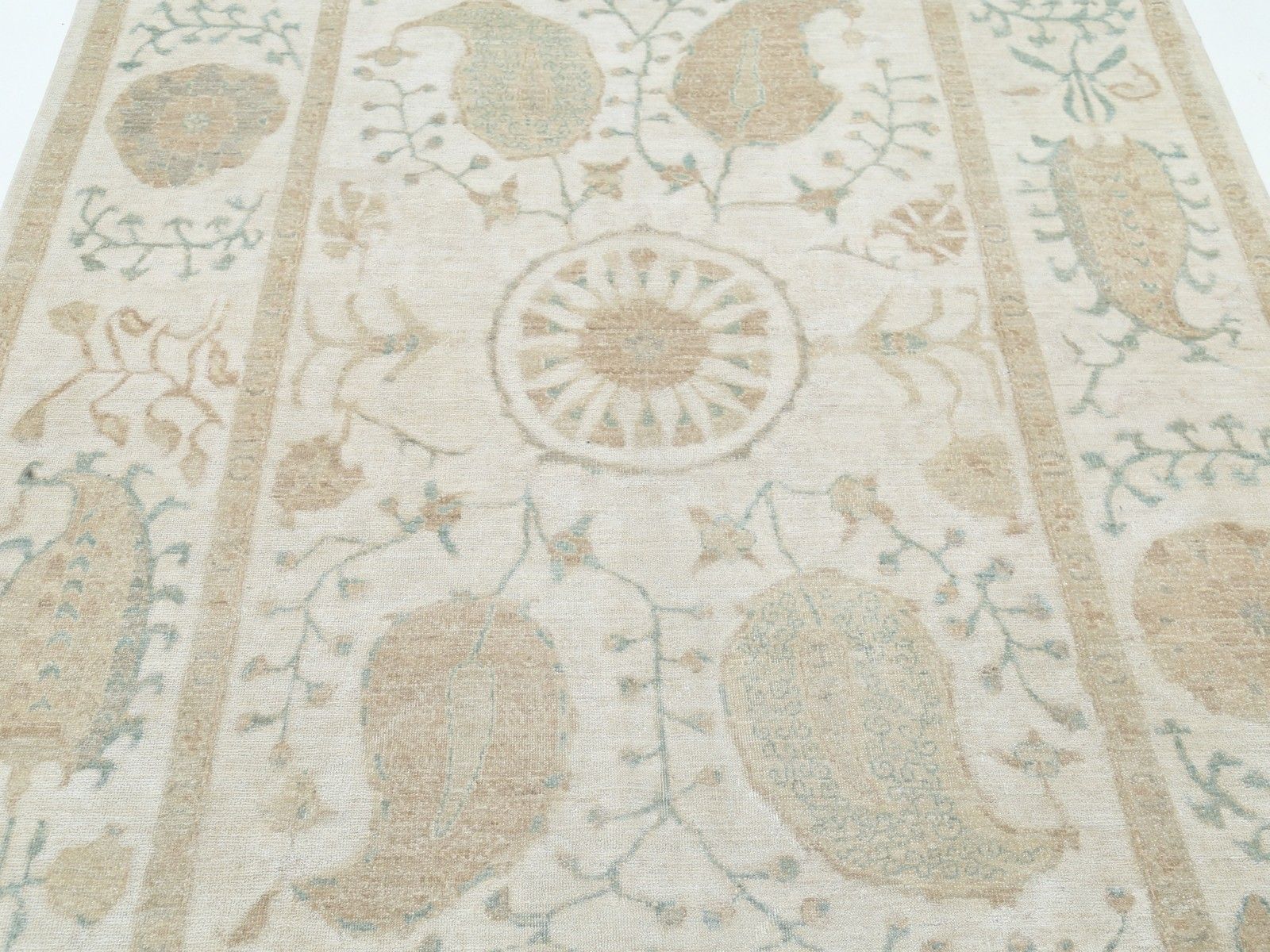 5.8x8.6 Ft Handknotted Beige, Light Blue Wool Area Rug. Turkish Botanical Carpet photo for sale