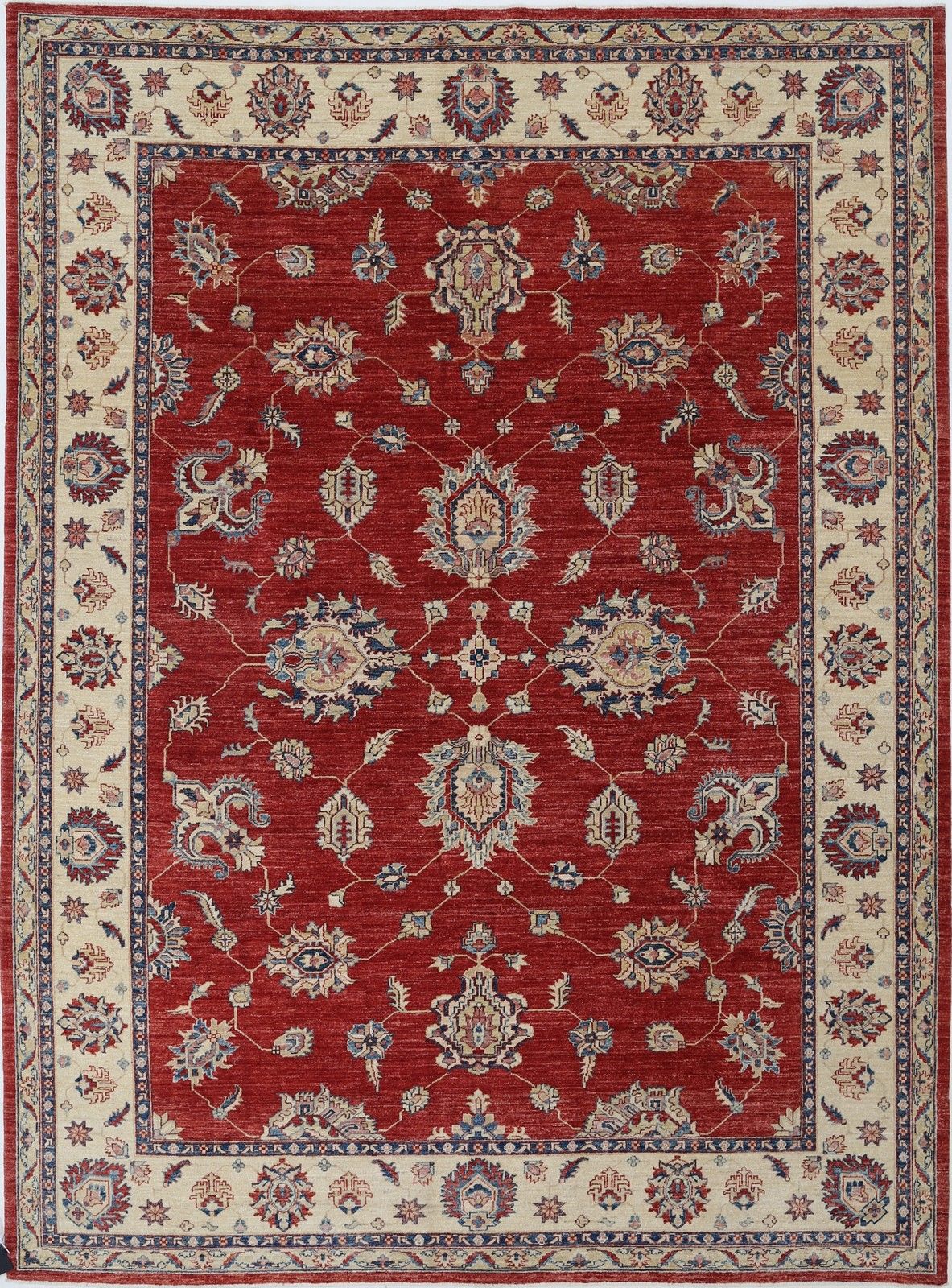 Tapis de sol artisanal 8,4 x 11,5 ft en rouge et beige, à motifs floraux en laine