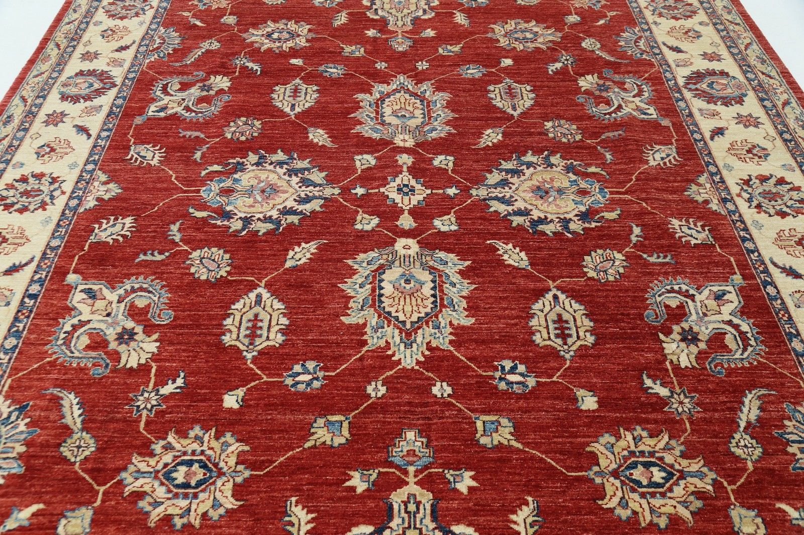 8,4 x 11,5 ft Handgeknoopt vloerkleed in rood en beige. Wollen tapijt met bloemmotief photo 4690.0