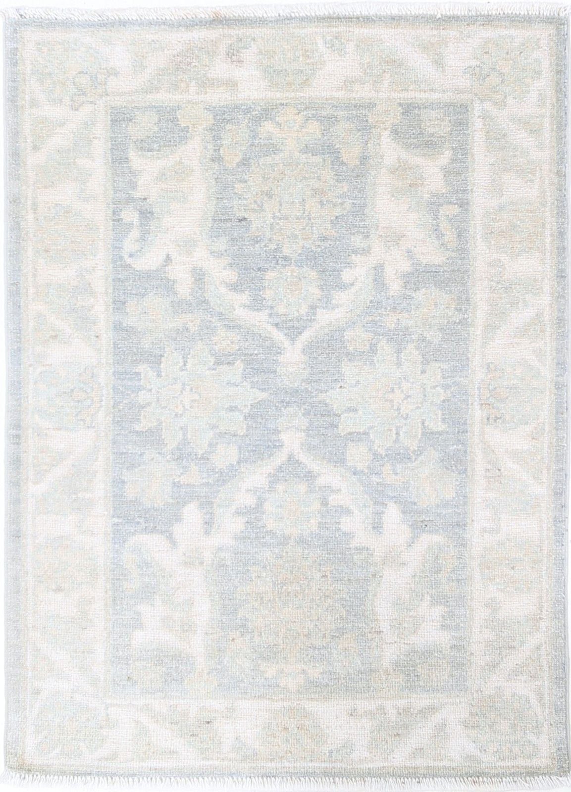 2.3x3 Ft Hand Knotted Ivory, Light Blue Wool Area Rug With Floral Design
