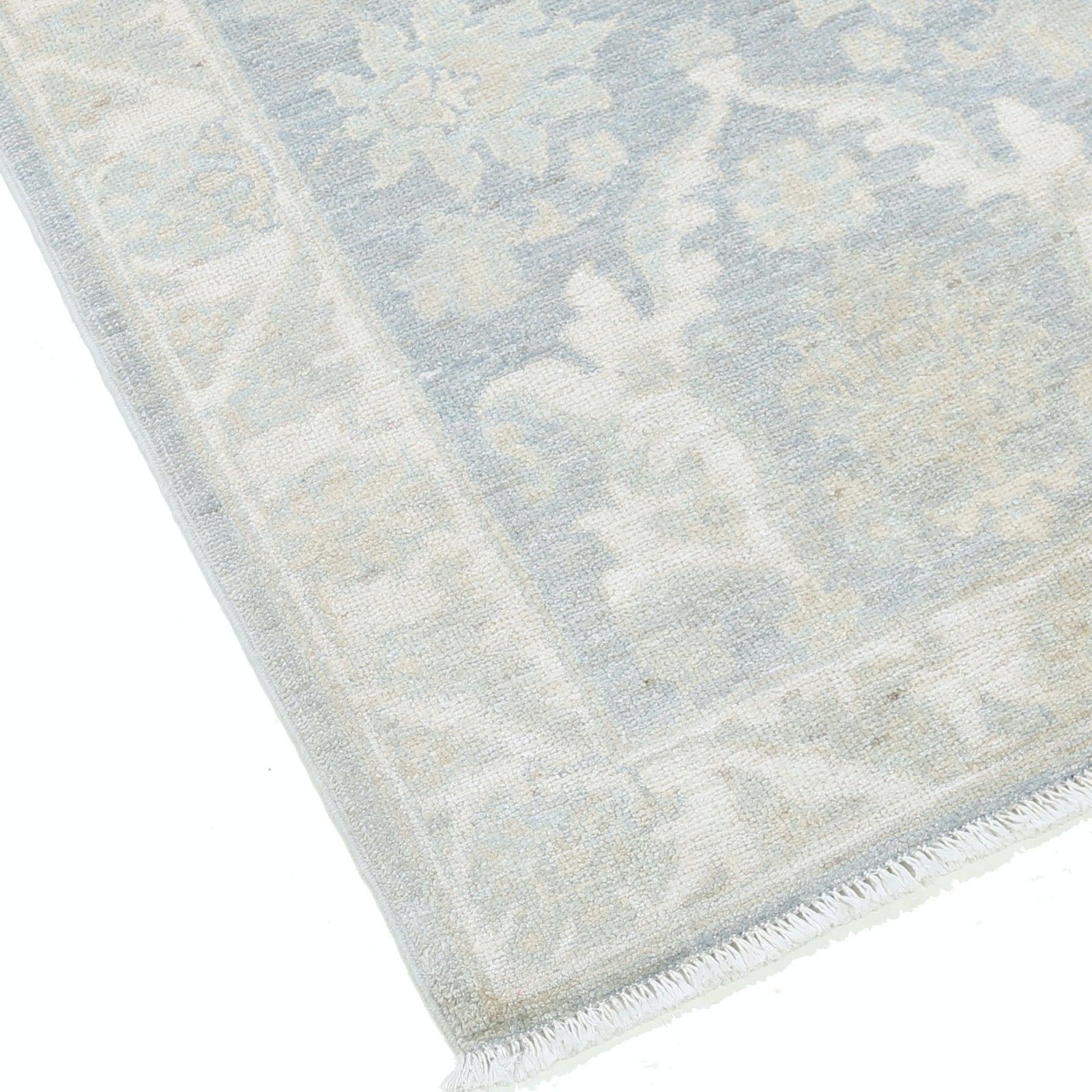 2,3x3 Ft Handgeknoopt Wollen Vloerkleed in Ivoor en Lichtblauw met Bloemmotief photo vinterior