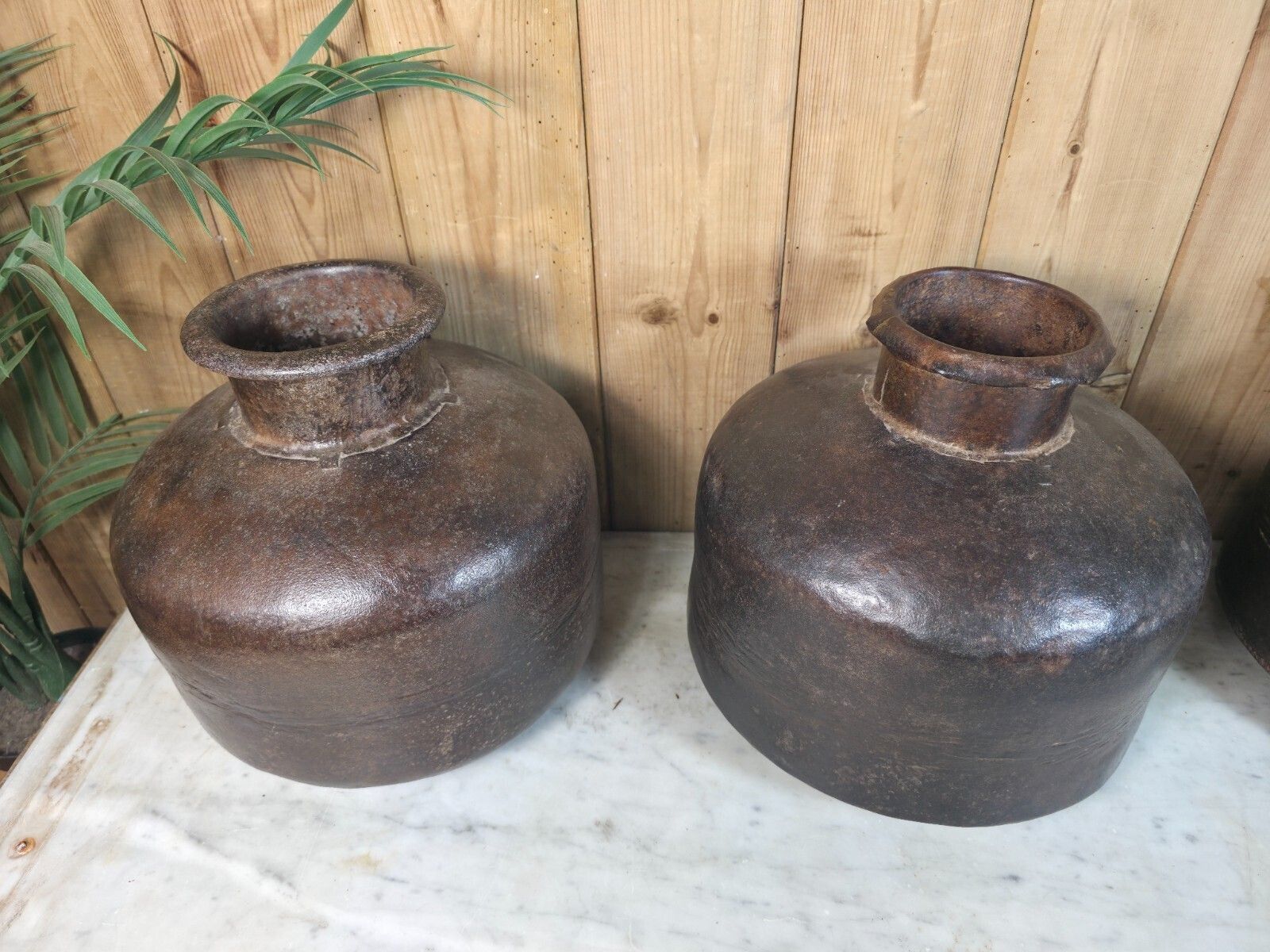 Old Vintage Rustic Wabi Sabi Heavy Duty Metal Iron Indian Water Pot Vase Carrier photo for sale