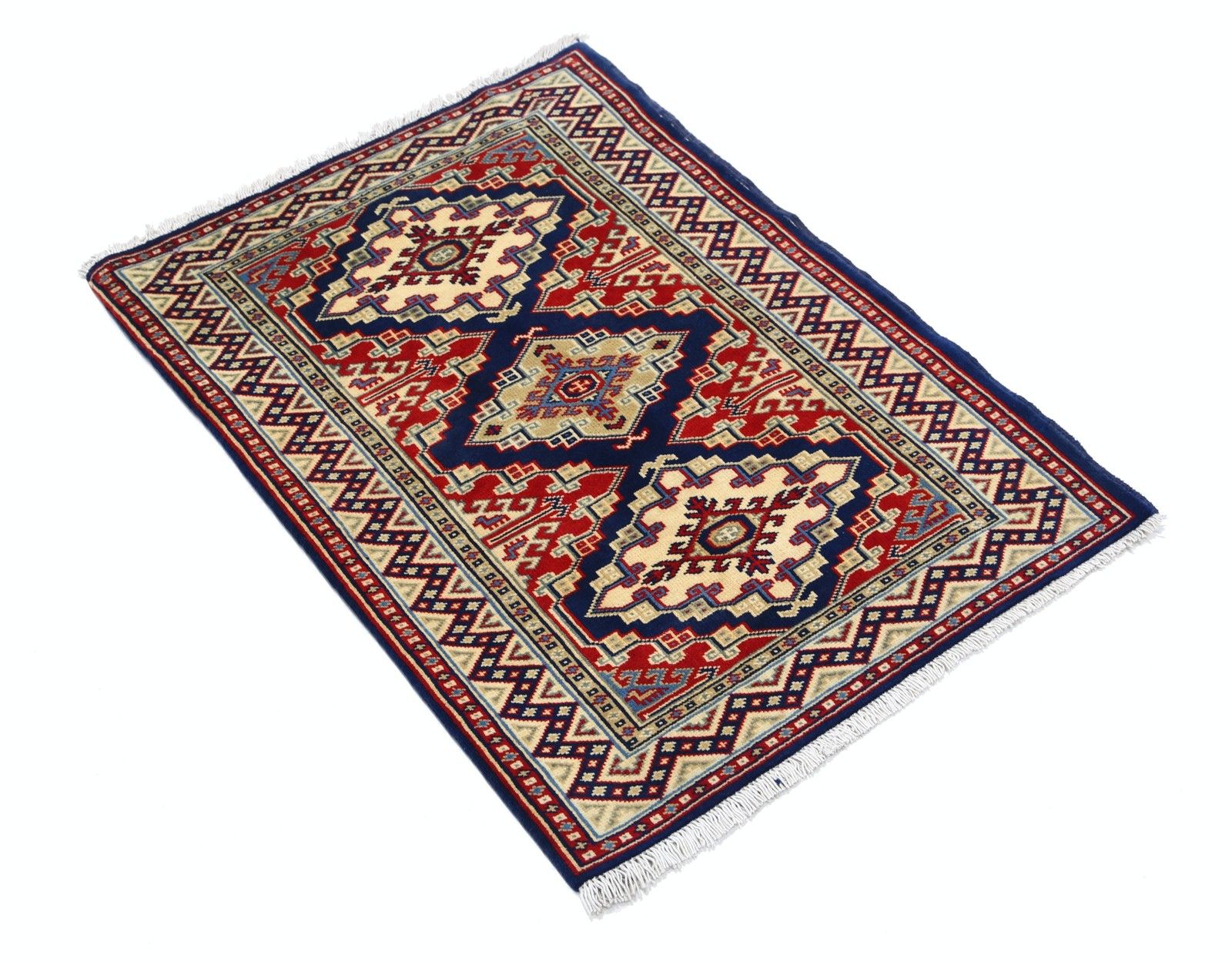 Tapis à motif médaillon géométrique, noué à la main, bleu marine, rouge et ivoire, 61 x 89 cm photo furniture