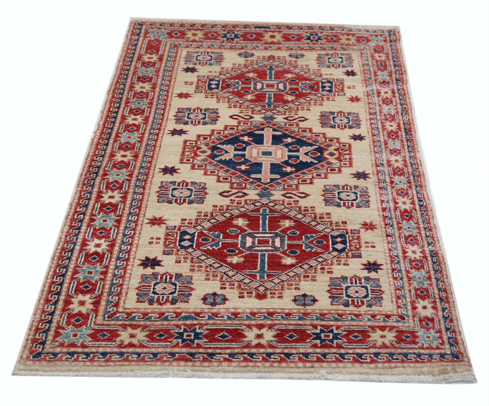 Tapis en laine noué à la main, ivoire, rouge et bleu, 0,69 x 1,22 m. Motif médaillon géométrique photo for sale