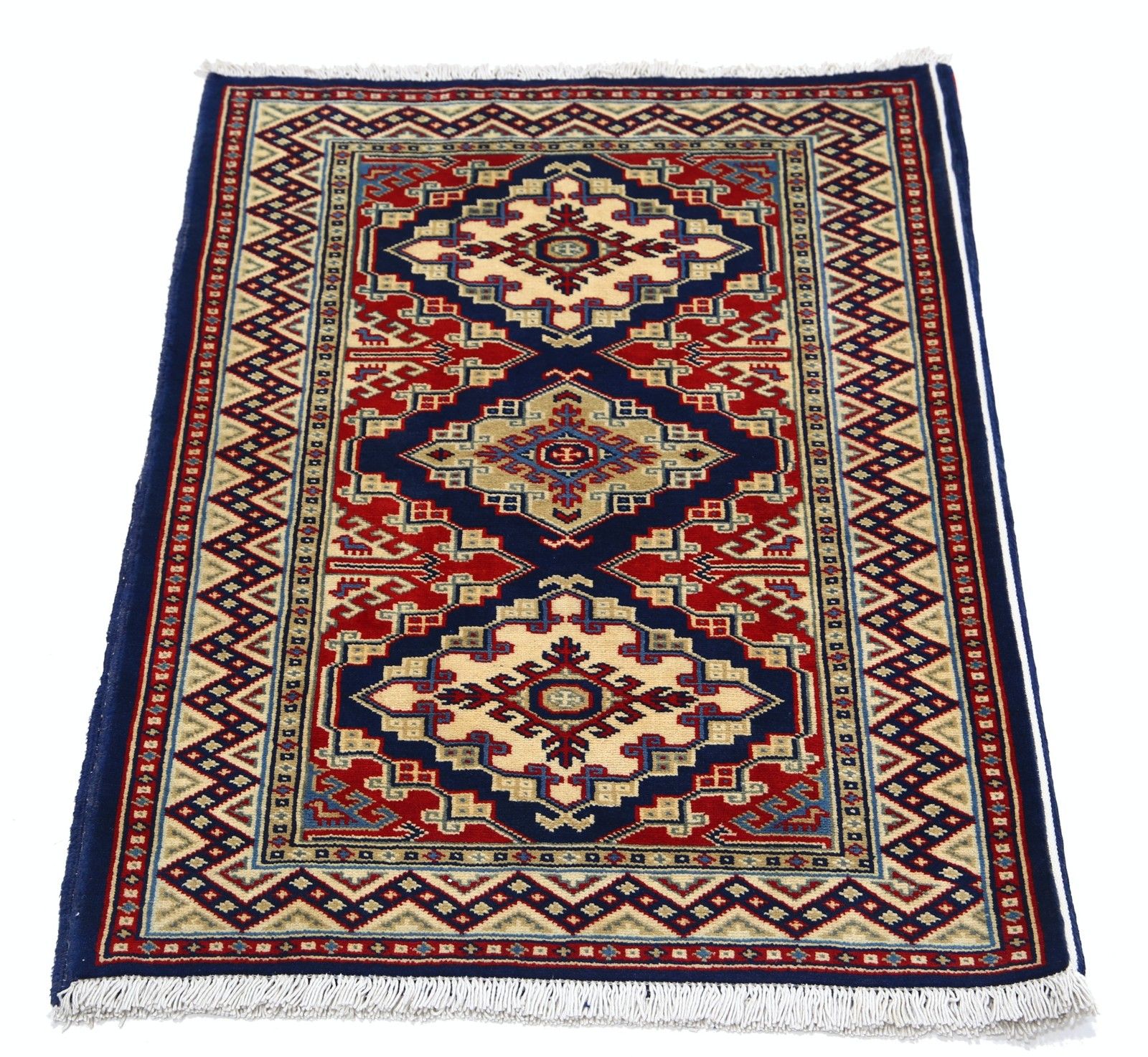 Tapis à motif médaillon géométrique, noué à la main, bleu marine, rouge et ivoire, 61 x 89 cm photo Textiles