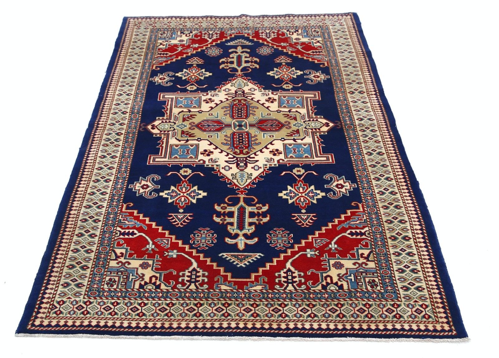 4.2x6.2 Ft Handknotted Red, Beige, Blue Area Rug With Geometric Medallion Design photo Textiles
