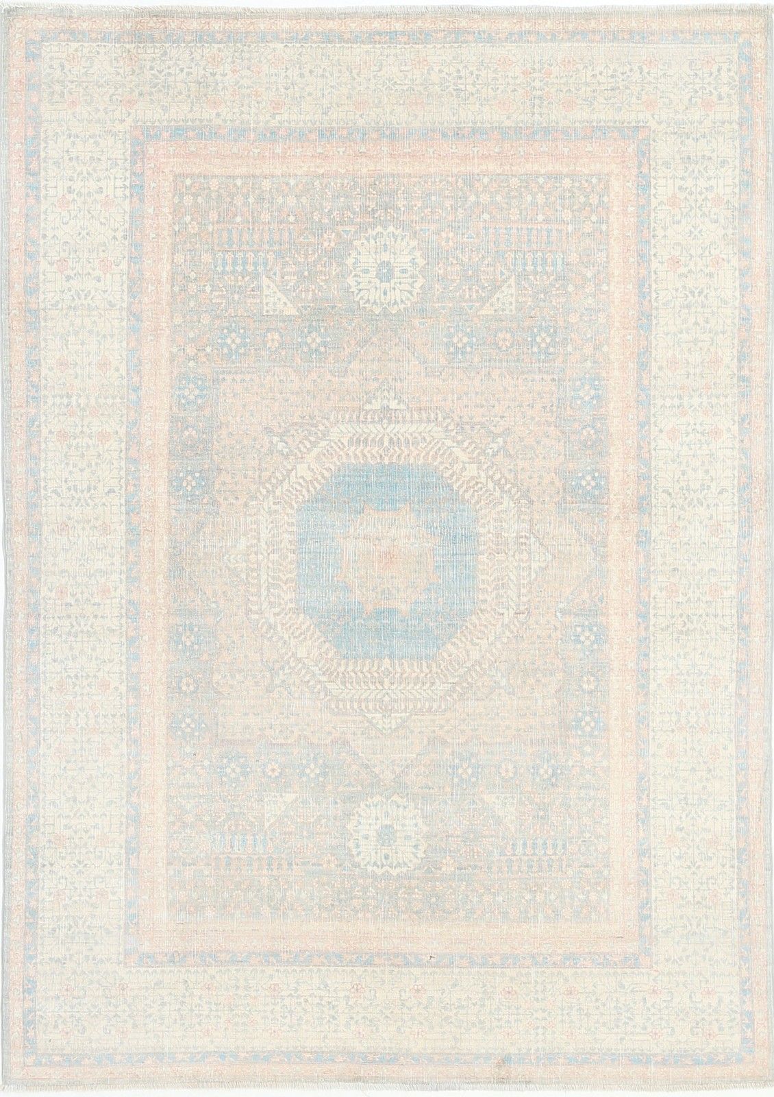4.7x6.8 Ft Hand Knotted Turkish Geometric Turkish Wool Area Rug In Soft Tones
