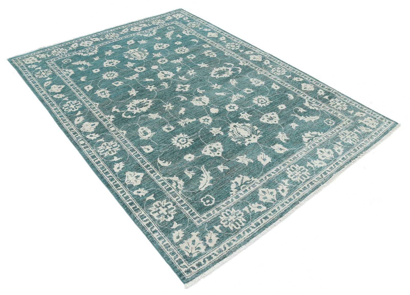 5,7x7,6 ft Handgeknoopt Groen Wollen Oushak Vloerkleed met Allover Bloemmotief photo furniture
