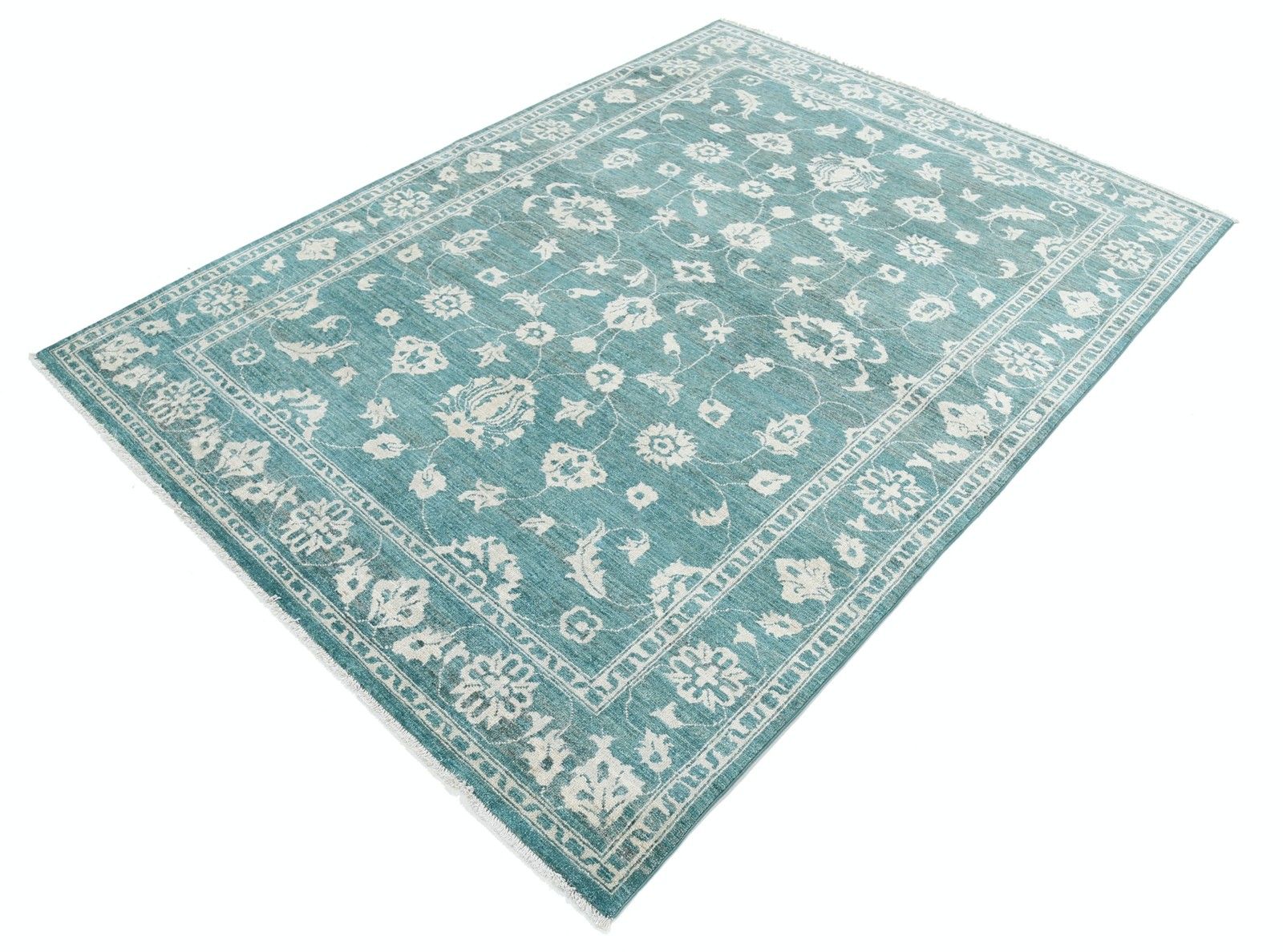 5,7x7,6 ft Handgeknoopt Groen Wollen Oushak Vloerkleed met Allover Bloemmotief photo for sale