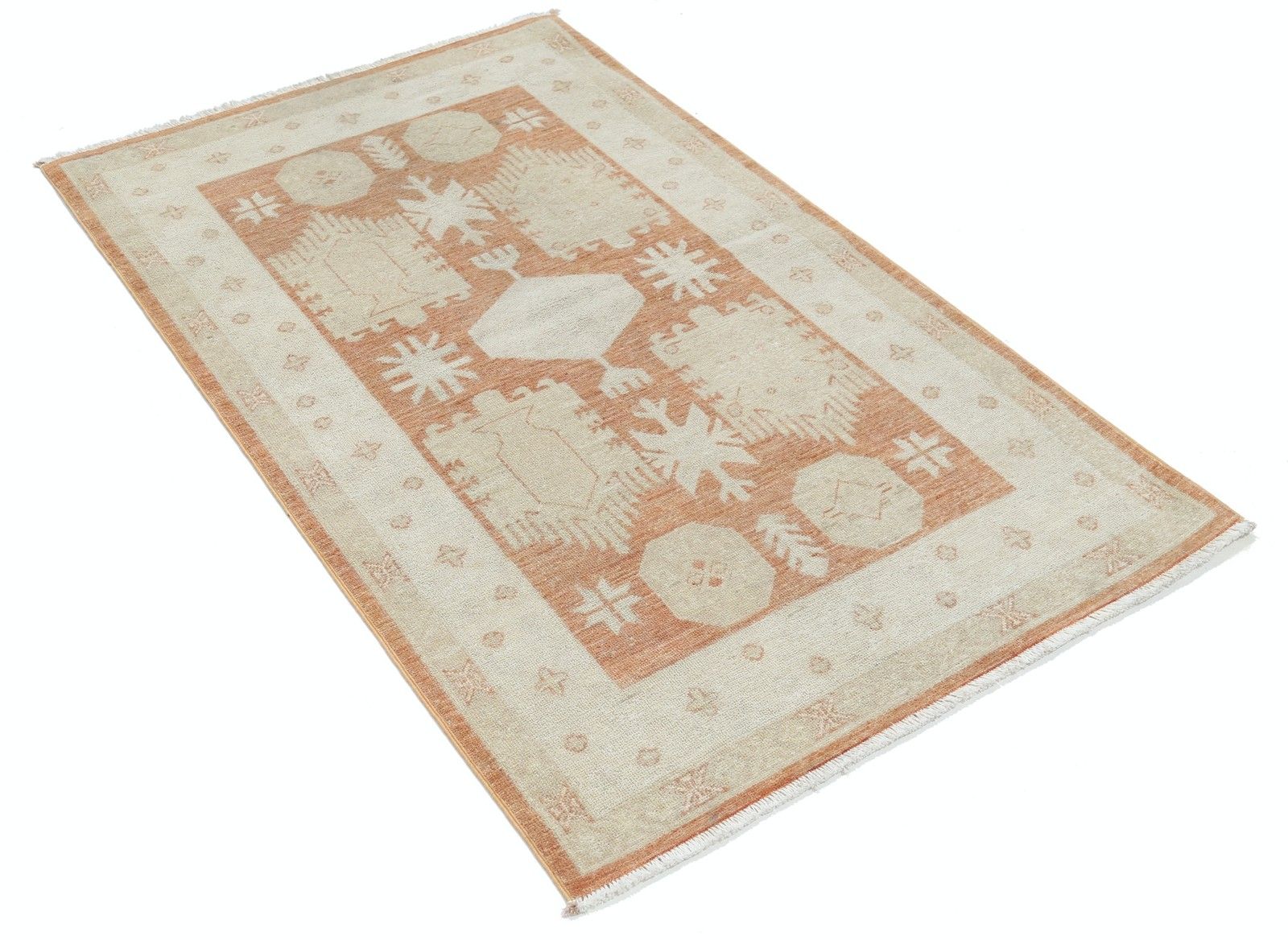 Tapis en laine noué à la main, beige et rouge, 94 x 153 cm - motifs tribaux turcs photo furniture