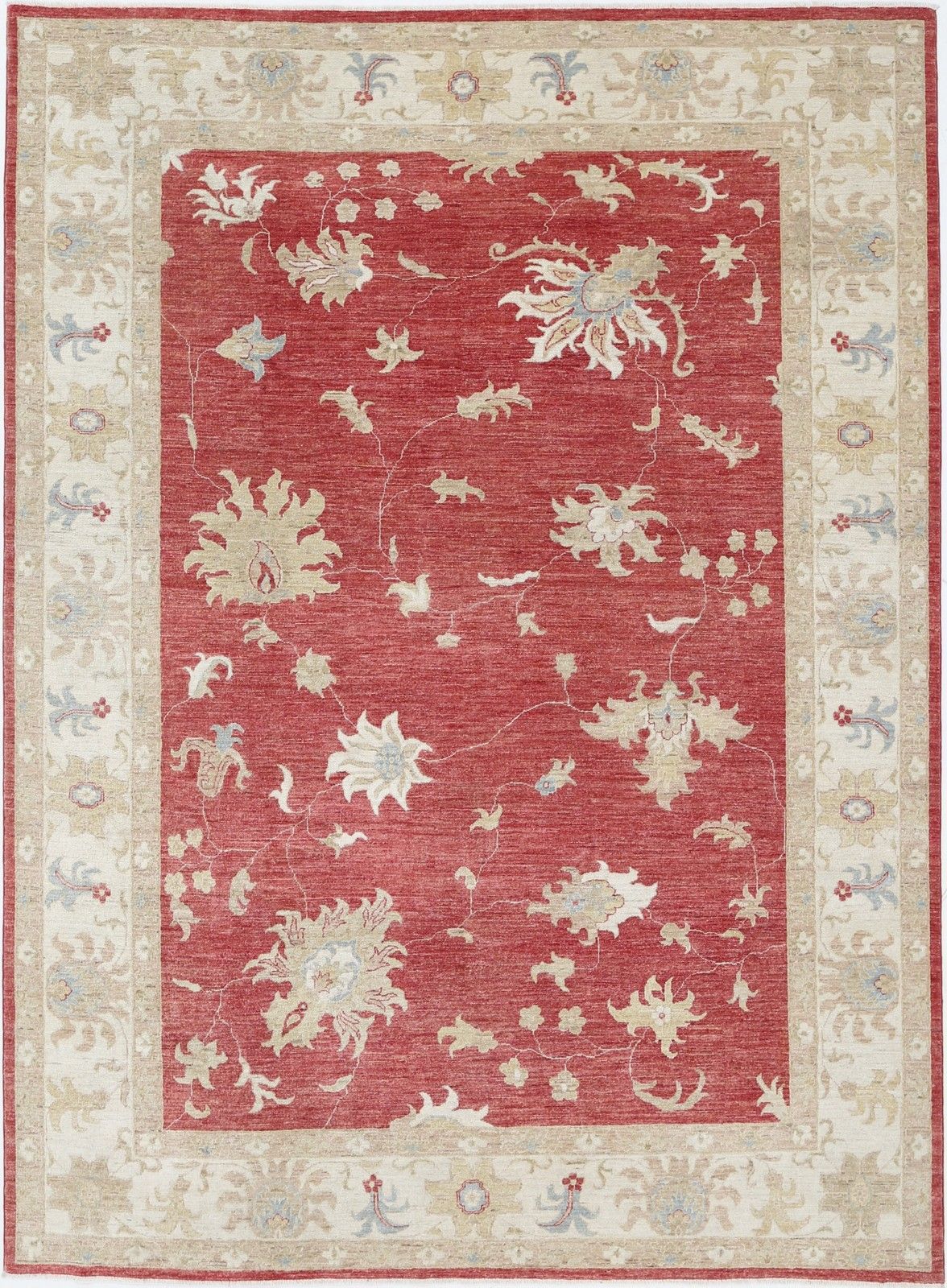 Grand tapis Oushak floral fait main, fond rouge et bordure ivoire, 244 x 346 cm