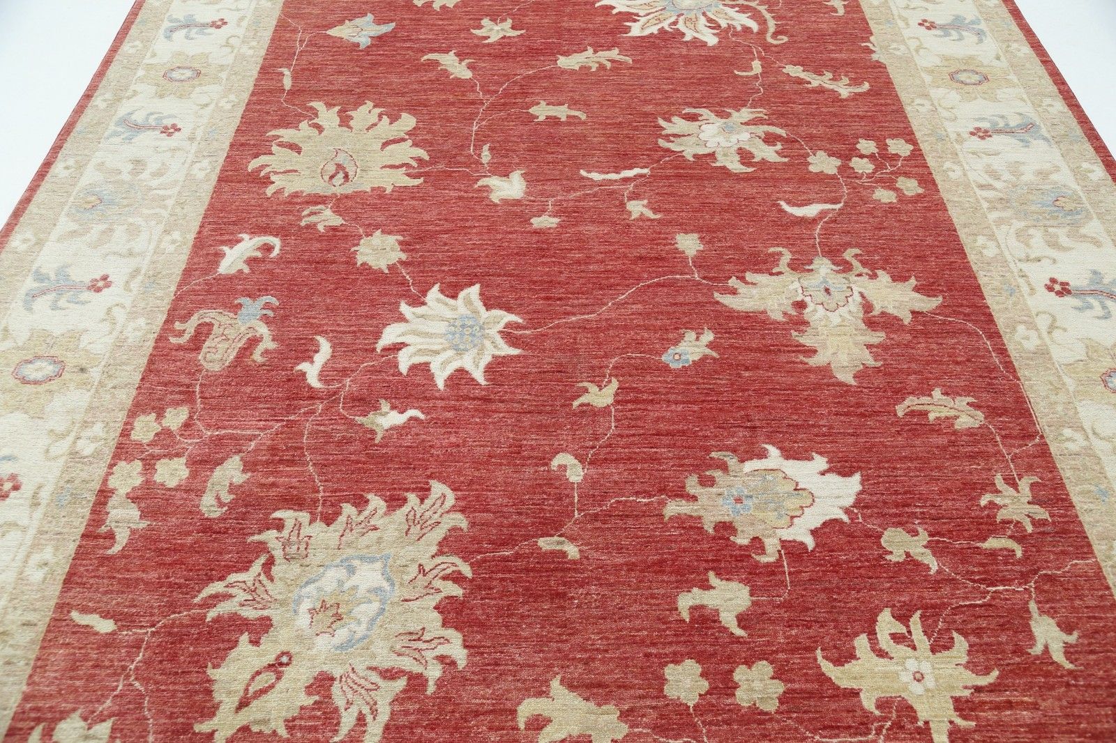Grand tapis Oushak floral fait main, fond rouge et bordure ivoire, 244 x 346 cm photo 4494.0