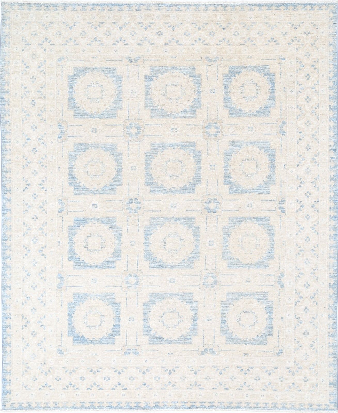 Tapis noué à la main bleu clair et ivoire, 8 x 9,8 ft. Tapis à motif floral traditionnel