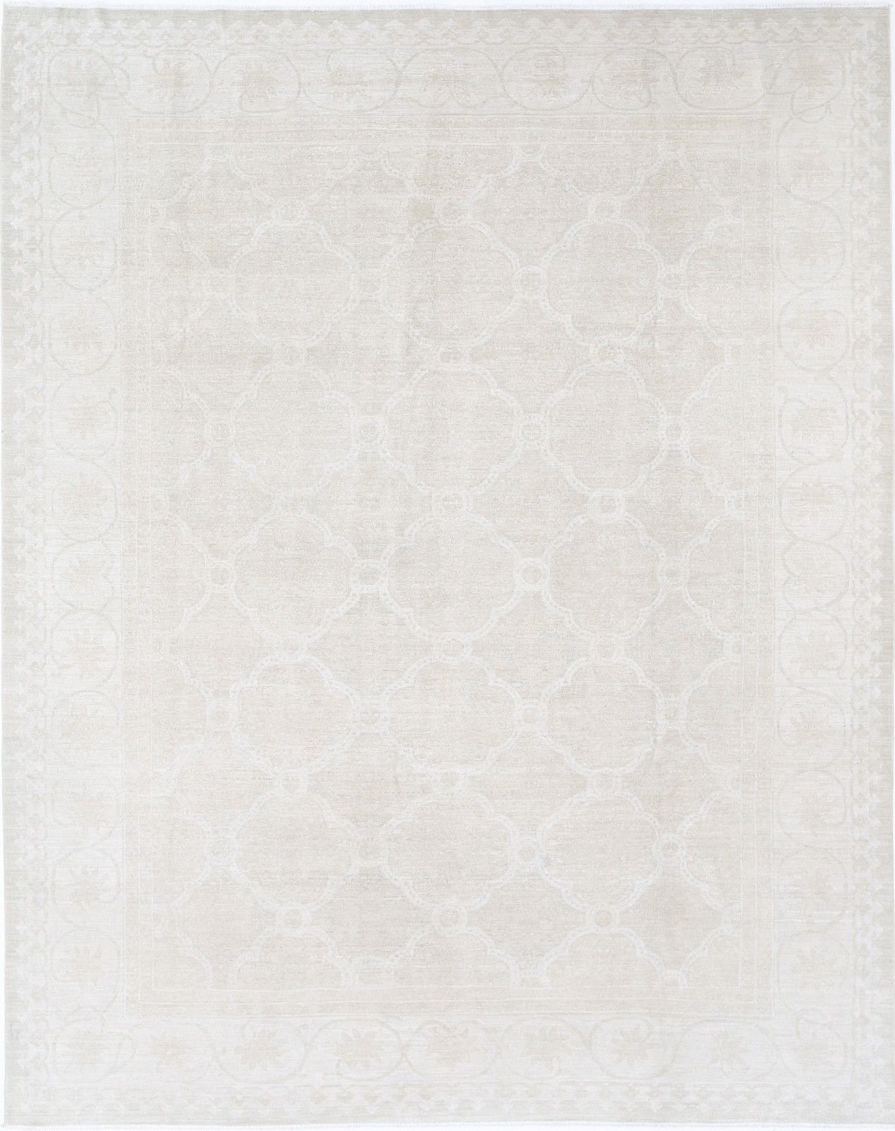 9x11.7 Ft Hand Knotted Large Area Rug For Living Room. Beige Wool Carpet
