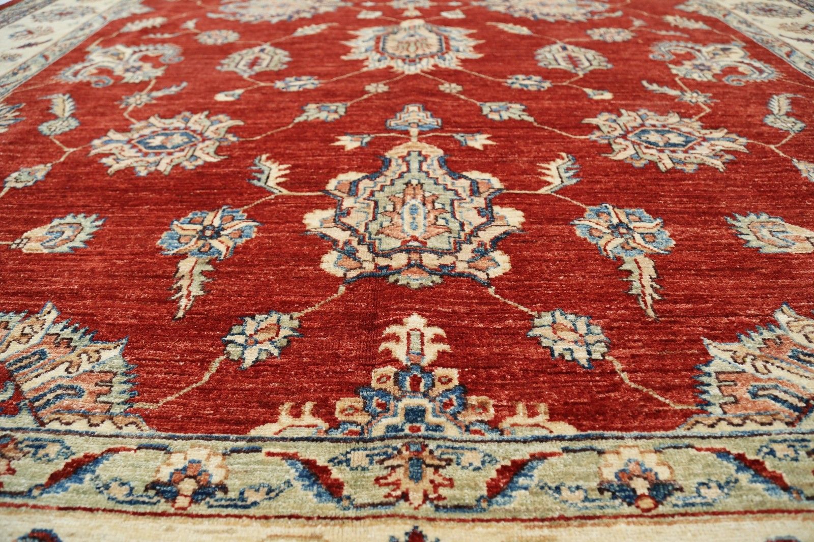 8.4x11.7 Ft Hand Knotted Floral Large Area Rug With Red Field And Ivory Border photo 4884.0