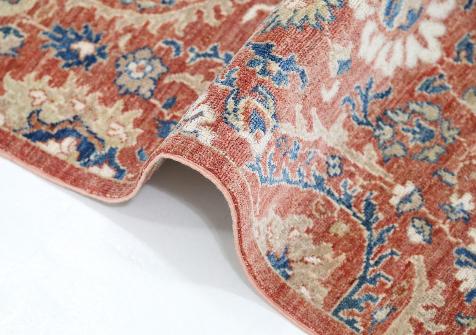 Tapis en laine noué à la main, rouge, bleu marine et beige, motif floral - 2 x 2,9 m photo Textiles
