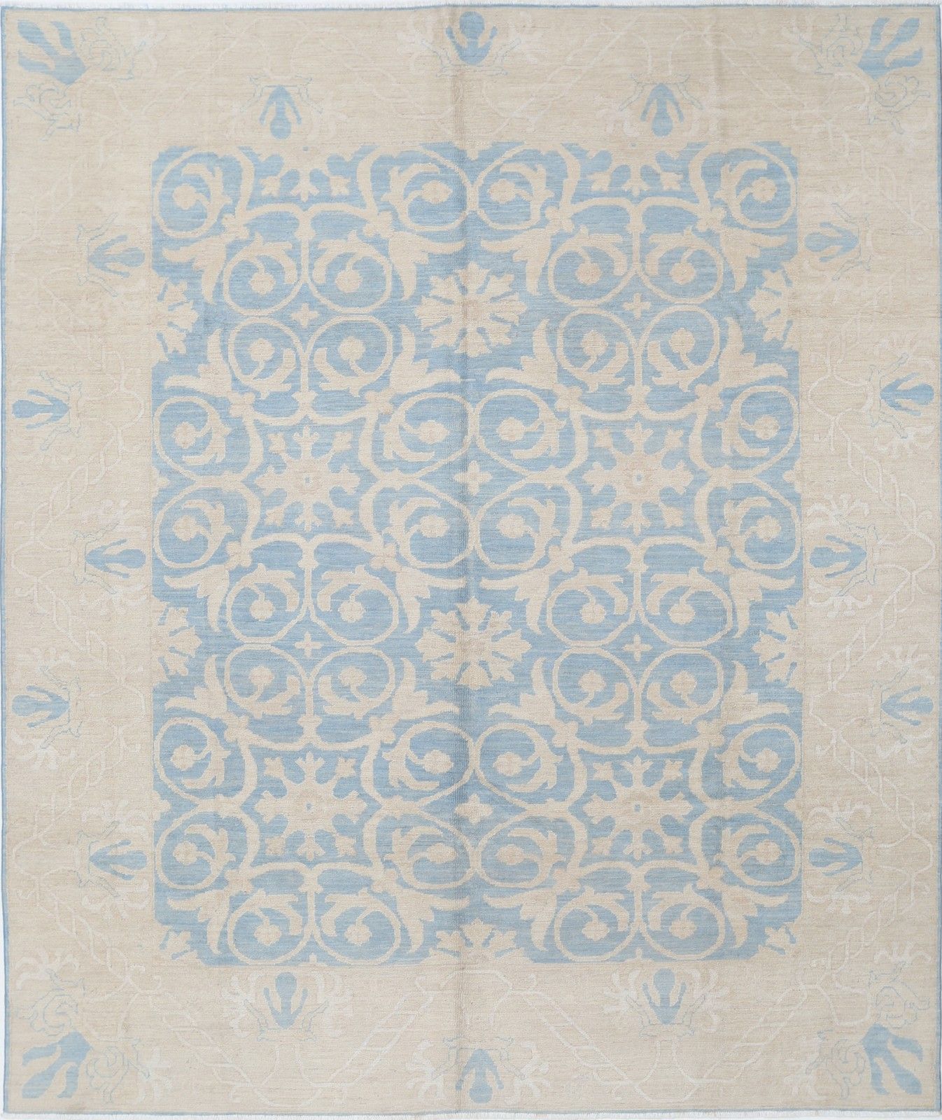 7.7x9.5 Ft Hand Knotted Light Blue, Ivory Wool Area Rug With Damask Design