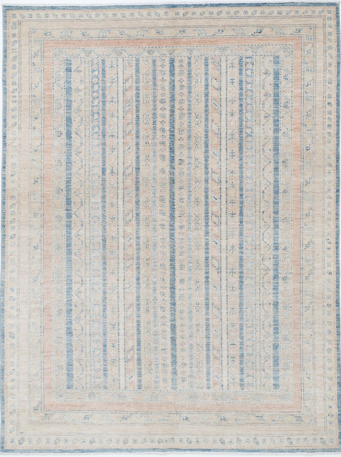 Tapis noué à la main, bleu clair et beige, à motif géométrique rayé - 1,70 x 2,35 m