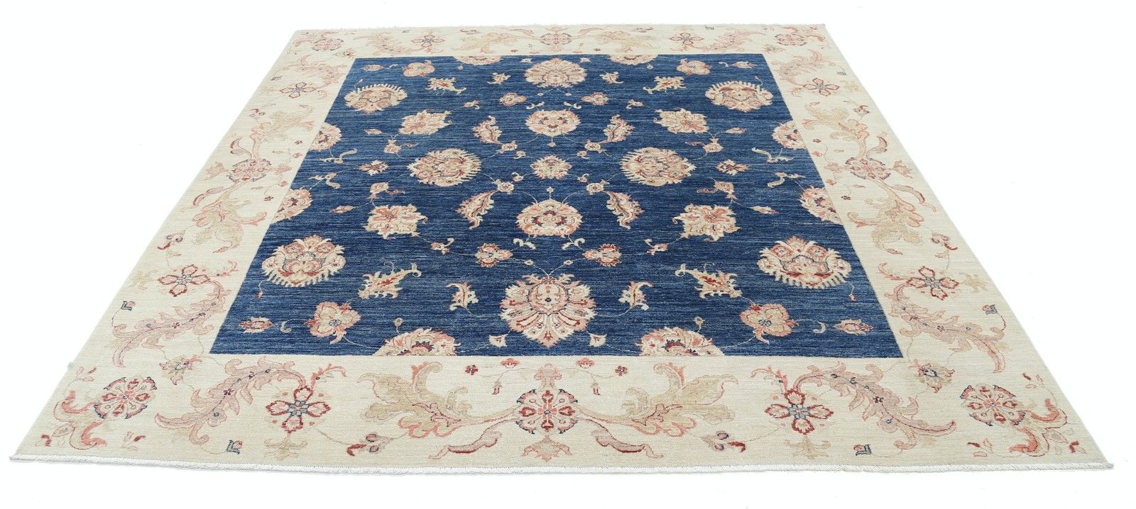 8x8,6 ft handgeknoopt vierkant Oushak wollen vloerkleed. Marineblauw, beige tapijt photo Textiel