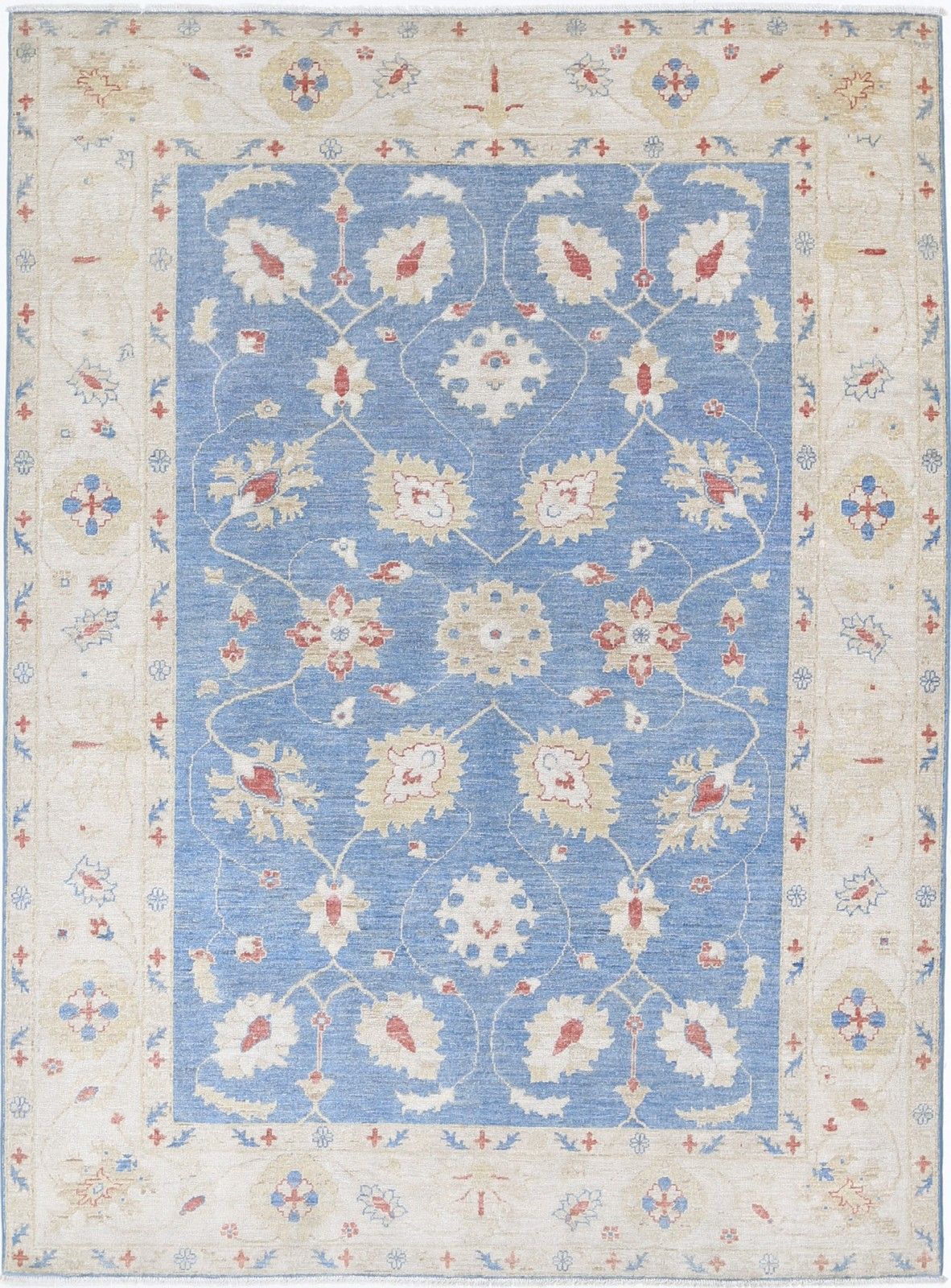 5.6x7.7 Ft Hand Knotted Floral Oushak Area Rug In Blue And Ivory. 100% Wool