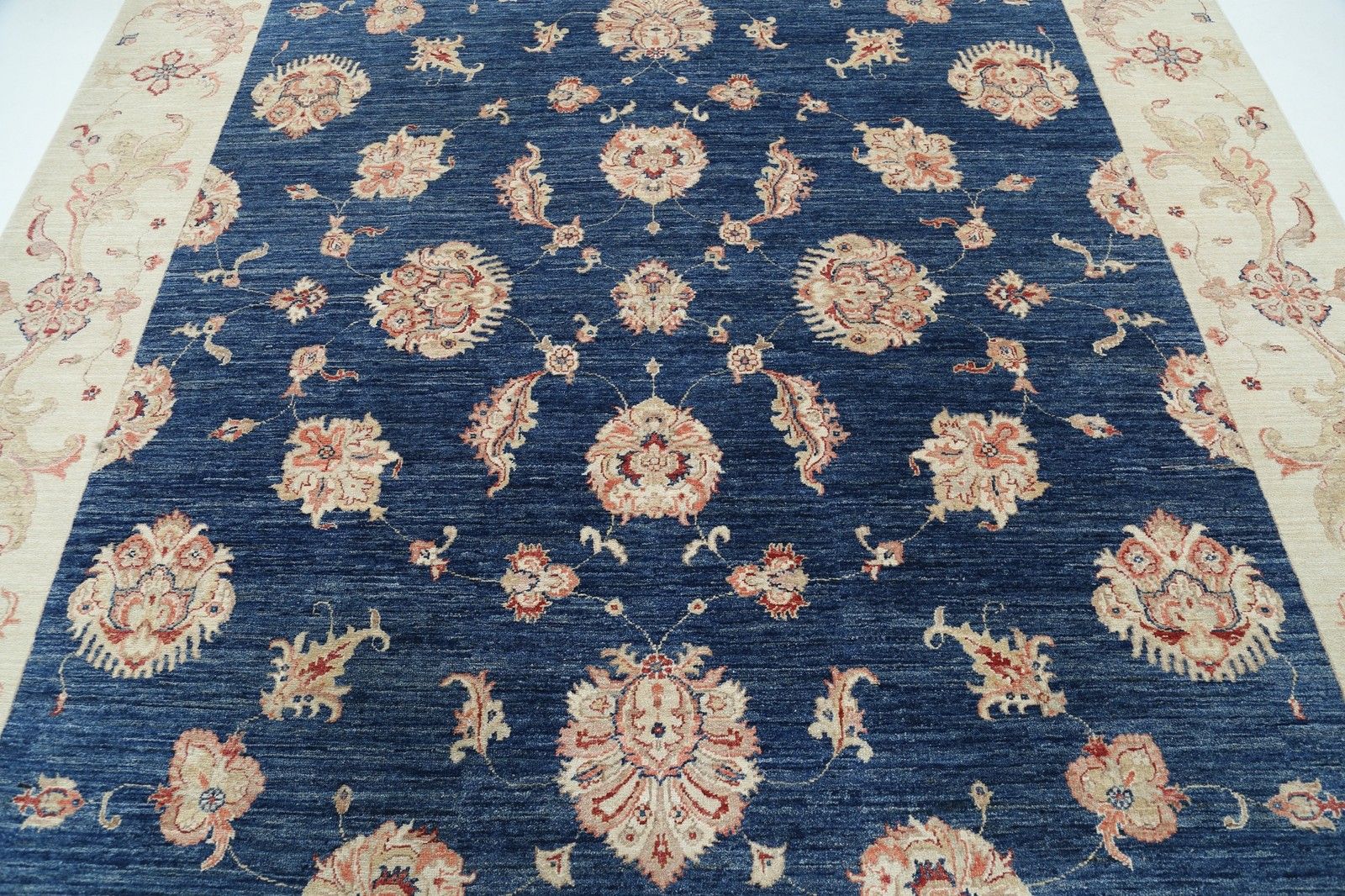 8x8,6 ft handgeknoopt vierkant Oushak wollen vloerkleed. Marineblauw, beige tapijt photo 3331.0