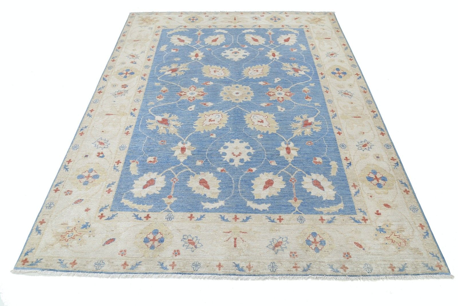 5.6x7.7 Ft Hand Knotted Floral Oushak Area Rug In Blue And Ivory. 100% Wool photo Textiles