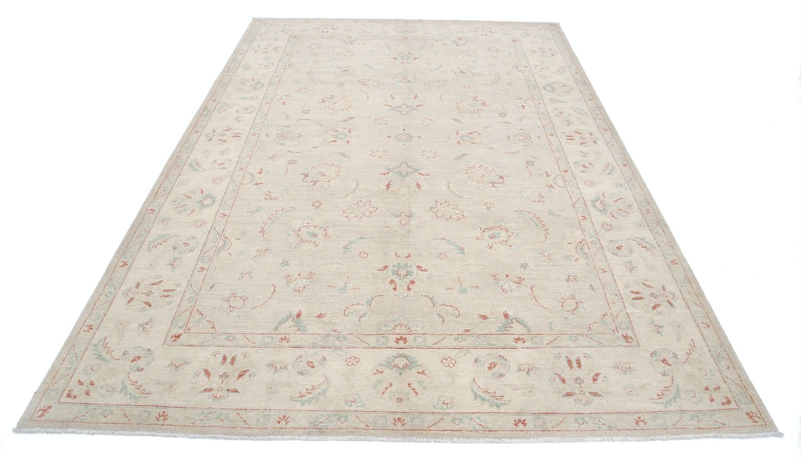 Grand tapis noué à la main 2,04 x 2,93 m pour salon. Tapis en laine beige photo Textiles