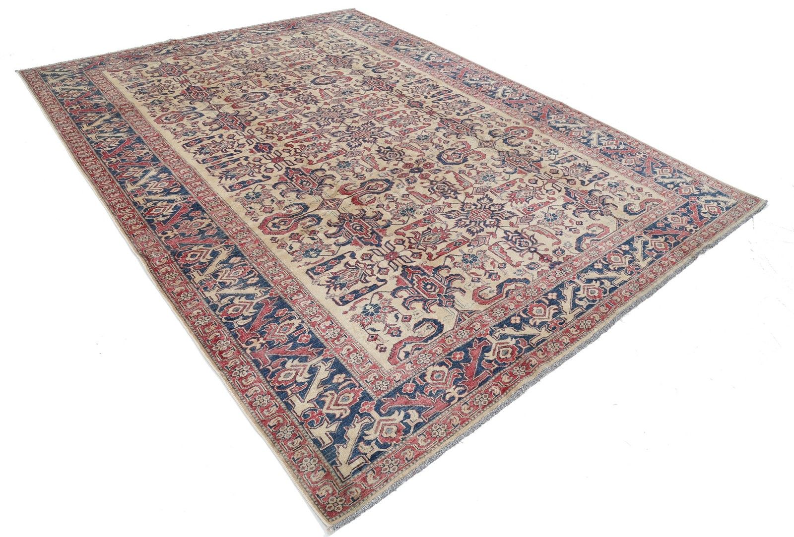Tapis noué à la main rouge, bleu marine et ivoire à motif floral, 2,6 x 3,5 m photo furniture