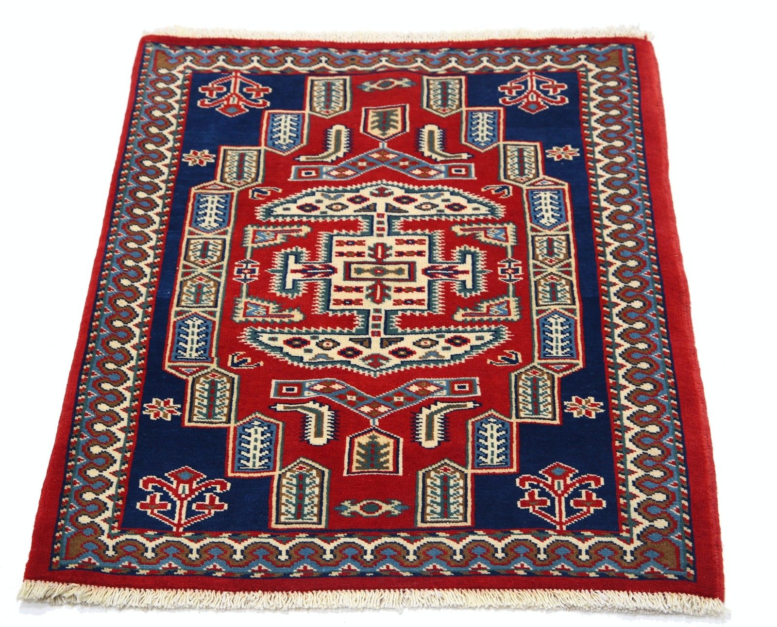 2.2x2.6 Ft Handmade Red, Navy Blue, Beige Rug. Geometric Tribal Medallion Design photo Textiles
