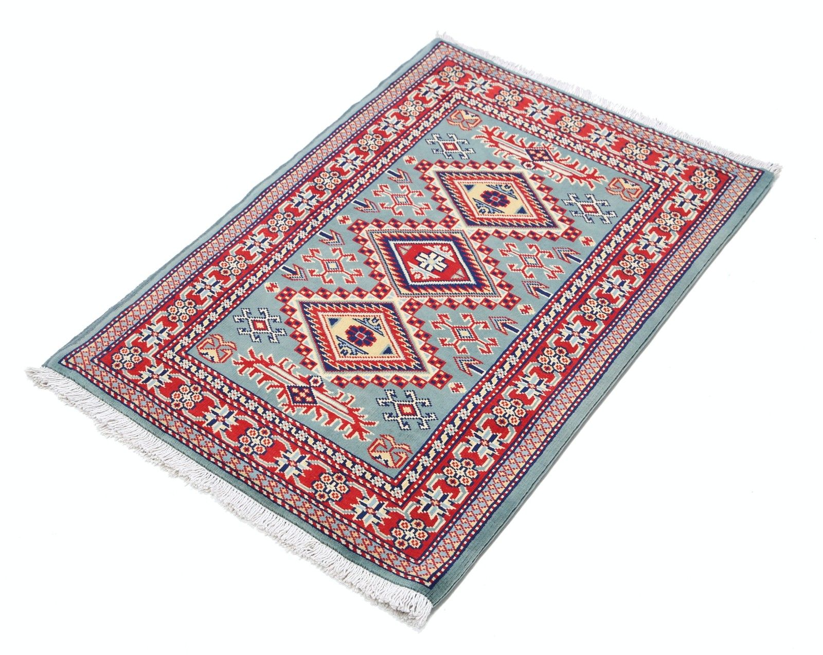 Tapis en laine fait main vert, rouge et ivoire, 2 x 3 pi, motif médaillon géométrique photo for sale