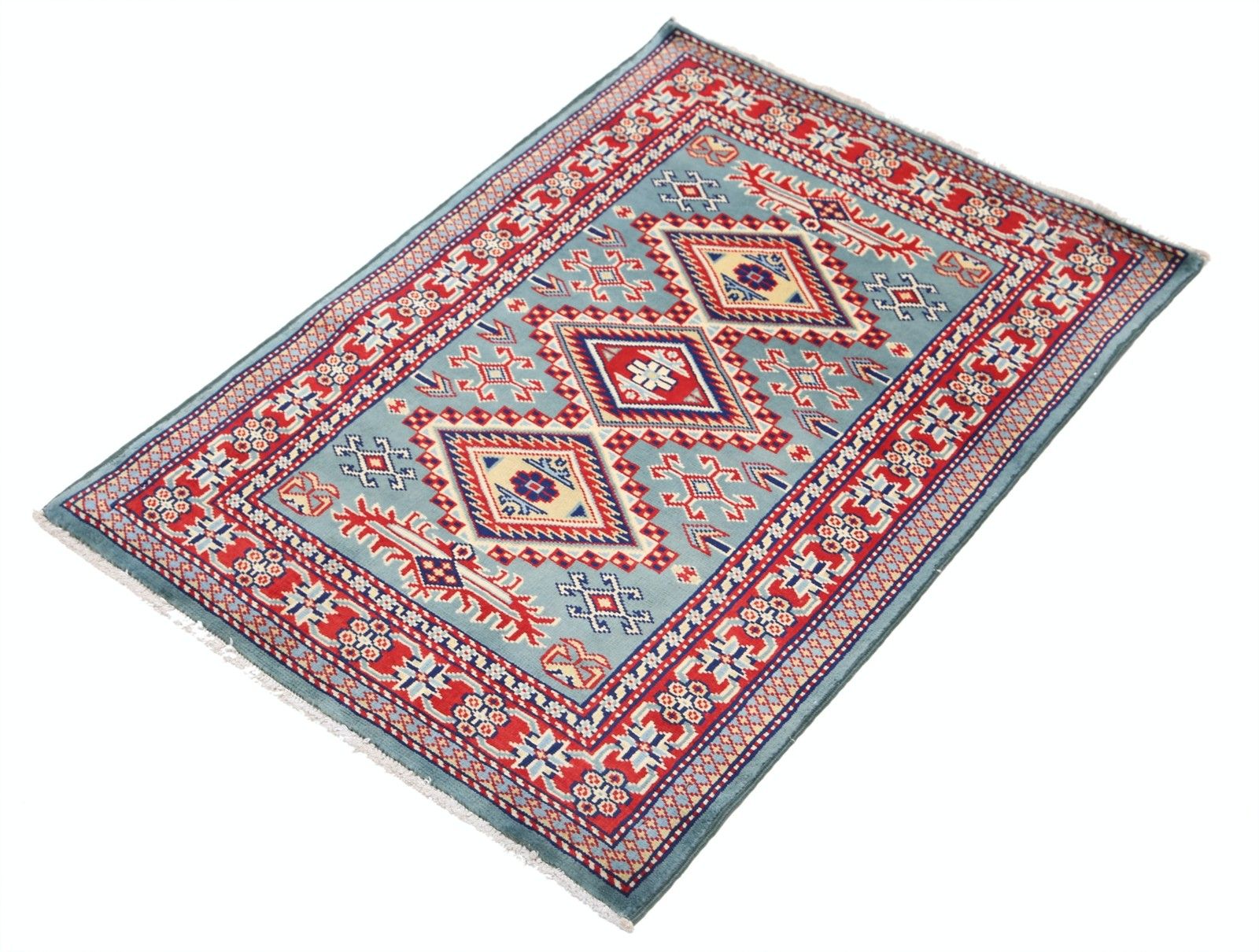 Tapis d'appoint noué à la main, bleu, rouge et ivoire, motif médaillon géométrique, 60 x 90 cm photo for sale