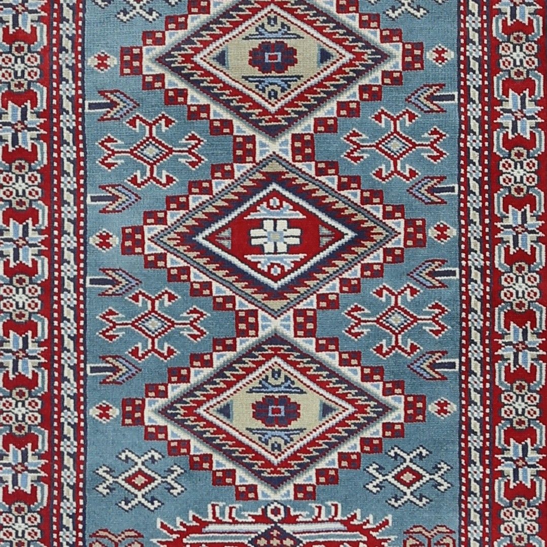 Tapis d'appoint noué à la main, bleu, rouge et ivoire, motif médaillon géométrique, 60 x 90 cm photo buy