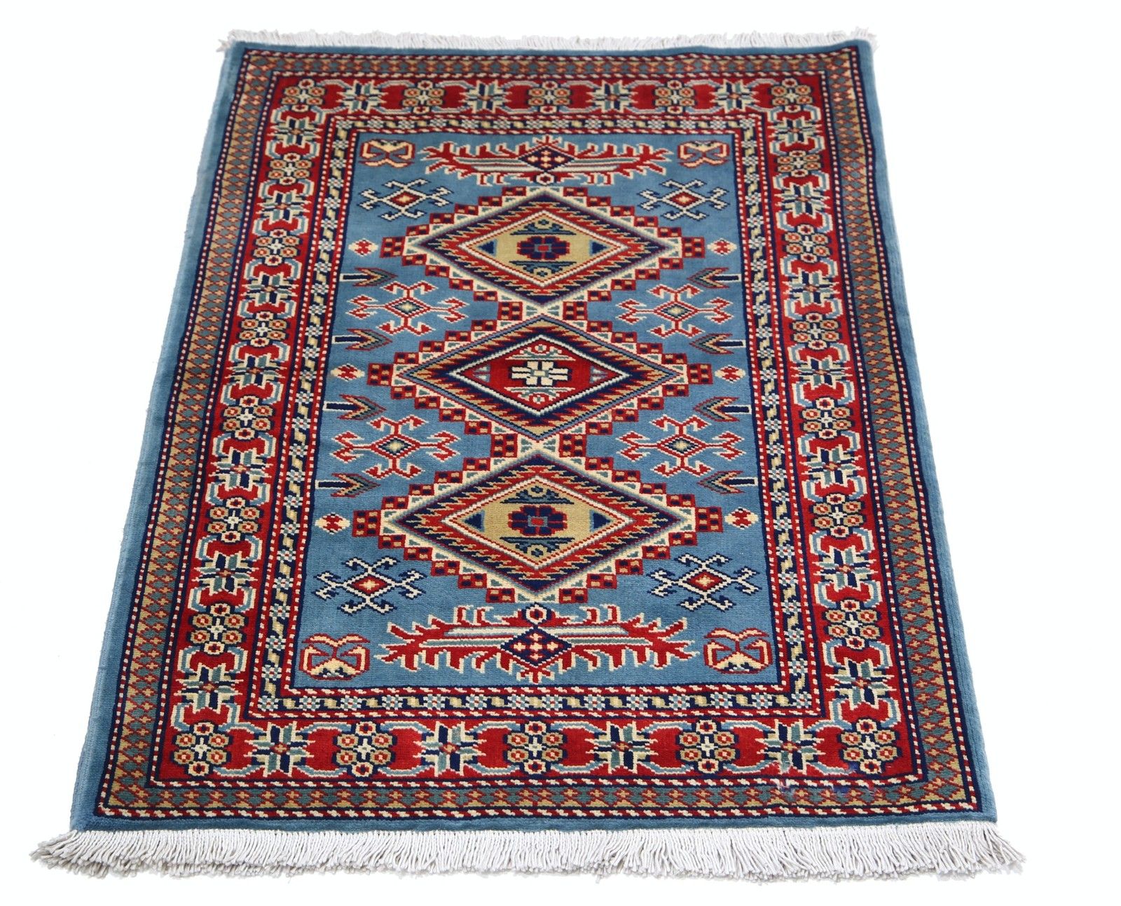 Tapis en laine fait main, bleu clair, rouge et ivoire, 2 x 3 pi - médaillon géométrique photo Textiles