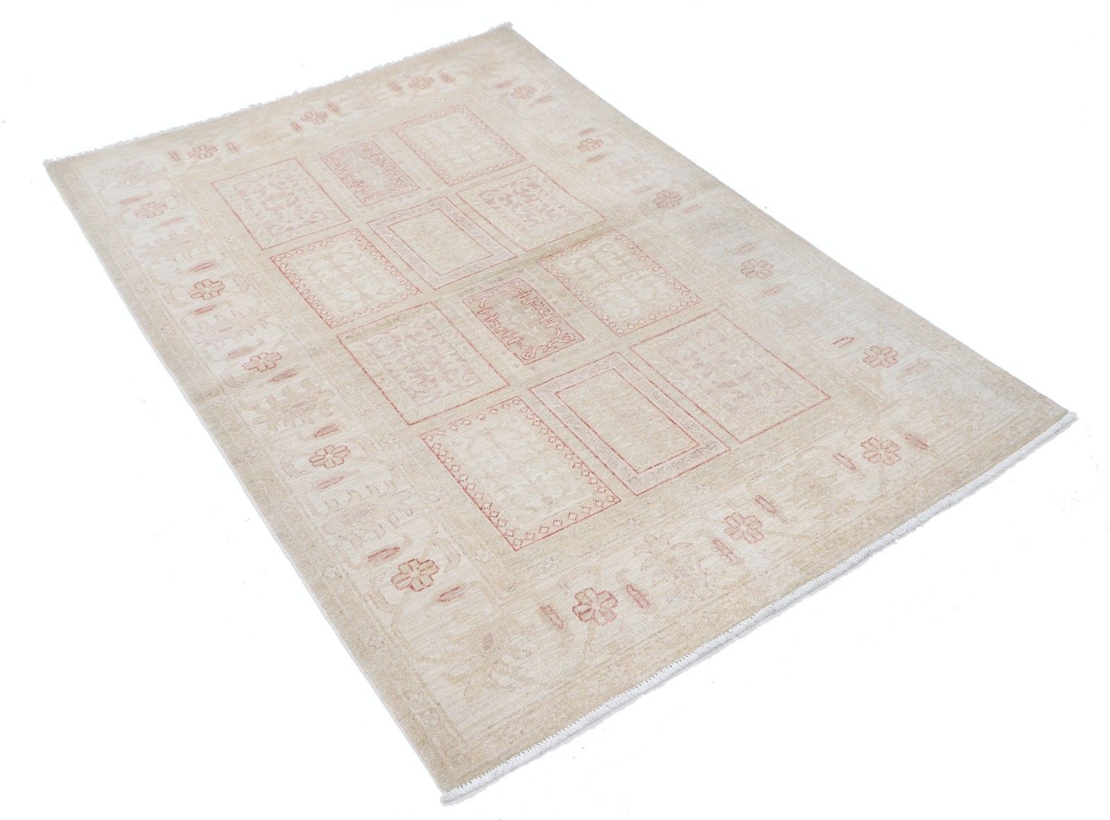4.2x6.2 Ft Hand Knotted Beige, Red Wool Area Rug. Soft Geometric Panel Patterned photo furniture