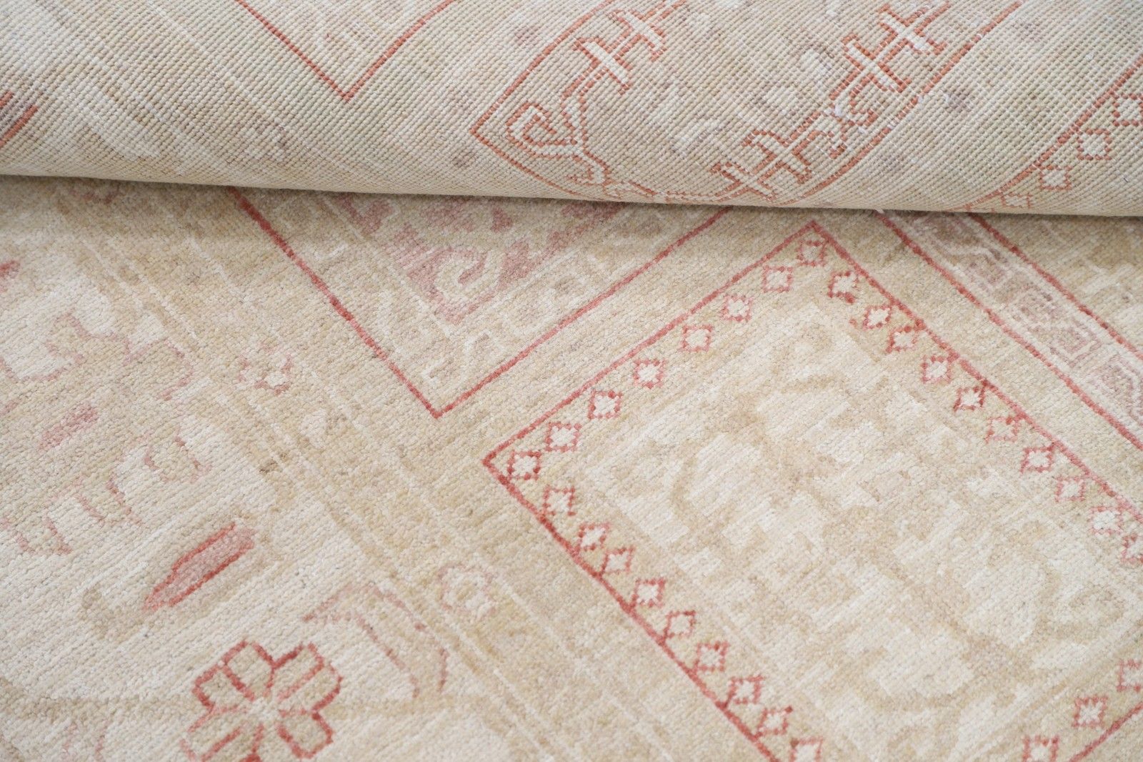 4.2x6.2 Ft Hand Knotted Beige, Red Wool Area Rug. Soft Geometric Panel Patterned photo 1260.0