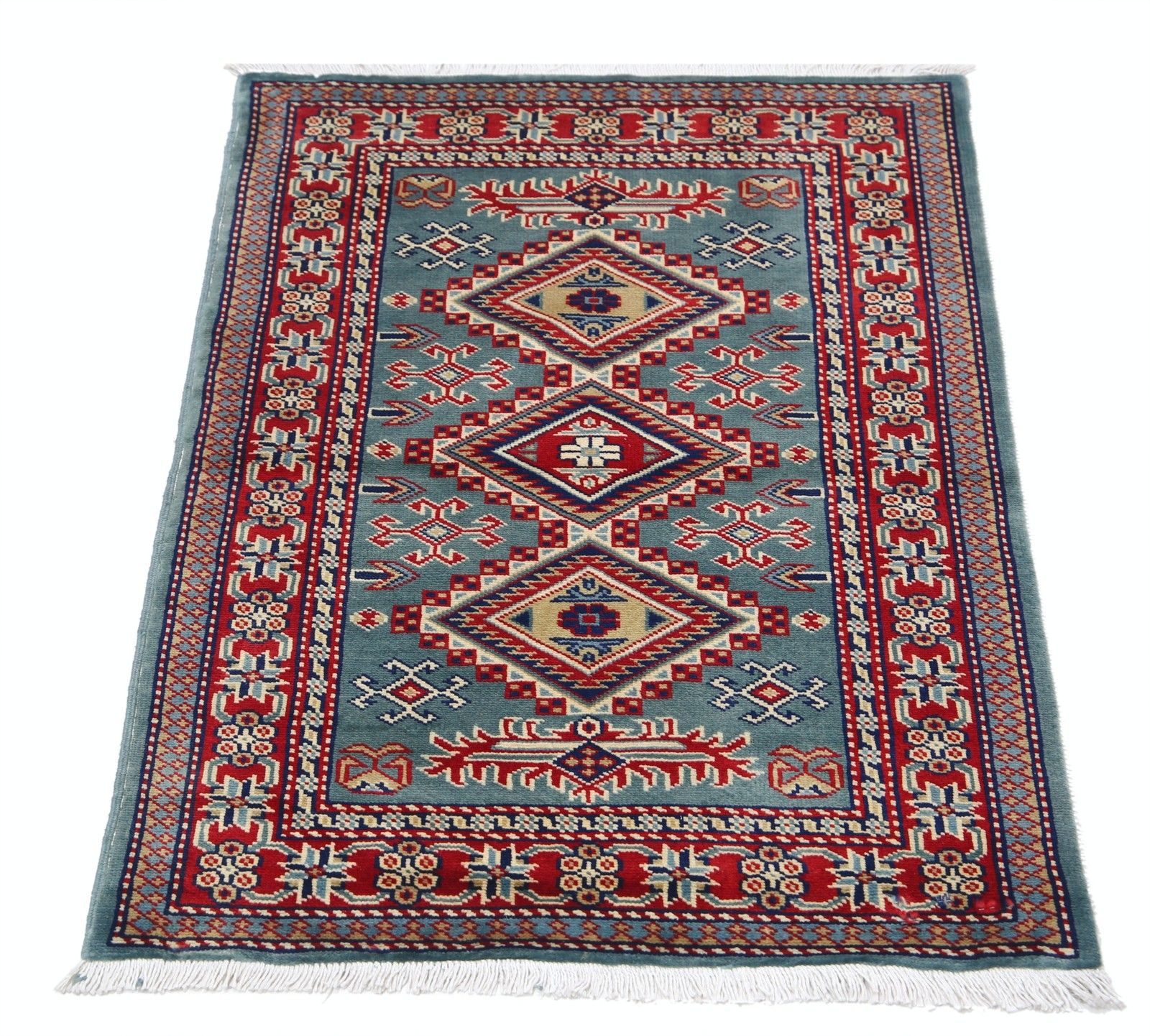Handgemaakt wollen vloerkleed in groen, rood en ivoor met geometrisch medaillonmotief, 2x3 ft photo Textiel