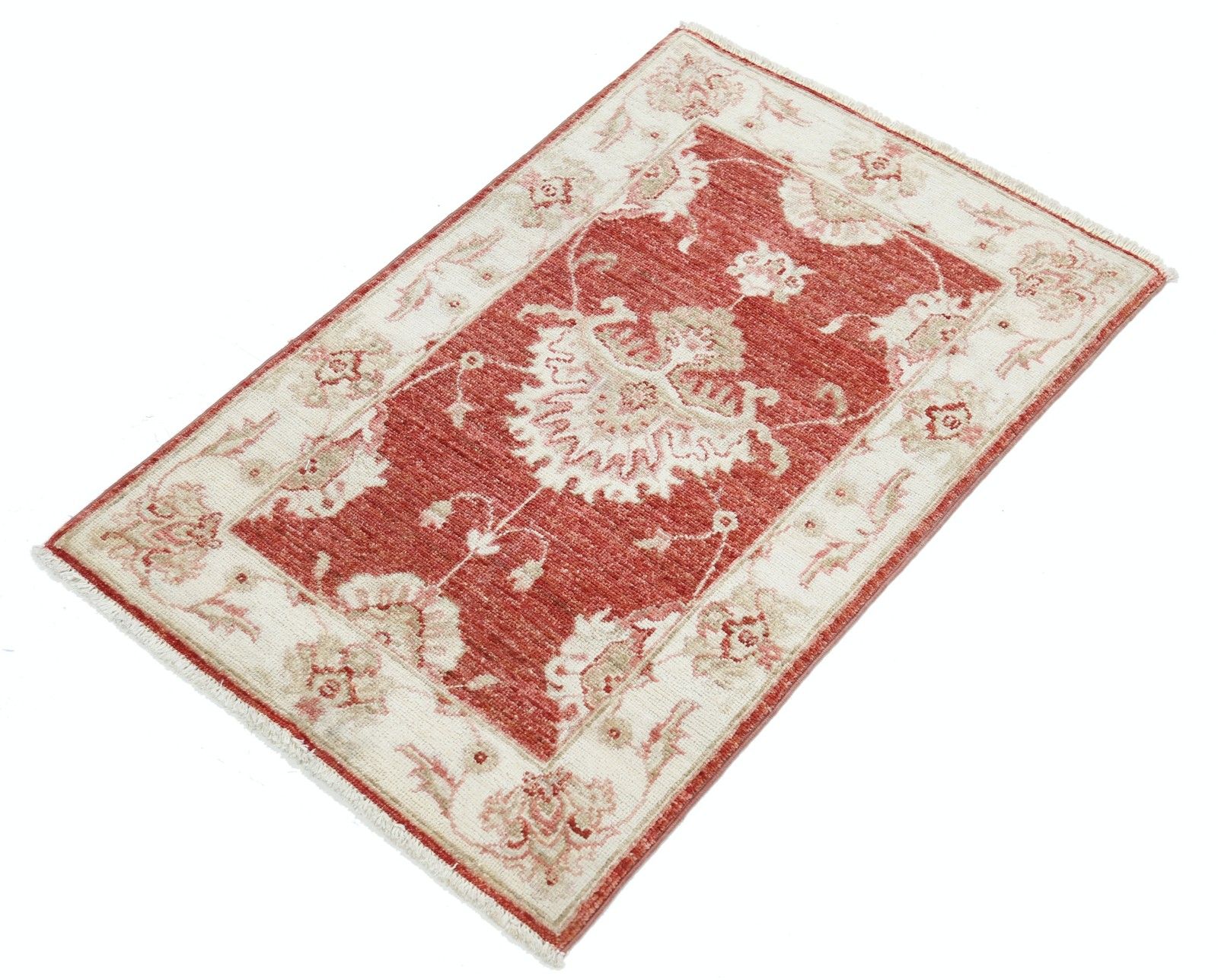 Tapis en laine noué à la main, rouge et beige, 2 x 3 pi (61 x 92 cm). Tapis d'accent à motif floral traditionnel photo for sale