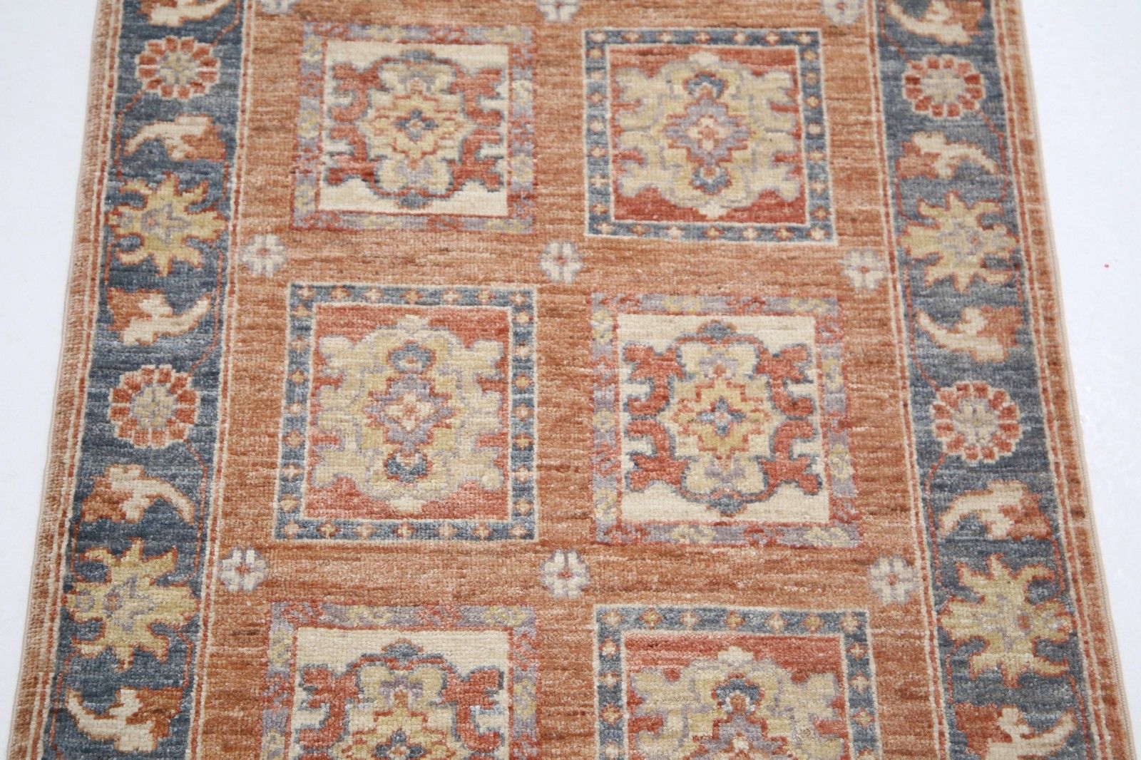 2x3 Ft Hand Knotted Red, Blue, Ivory Area Rug. Geometric Panel Design Accent Rug photo 370.0
