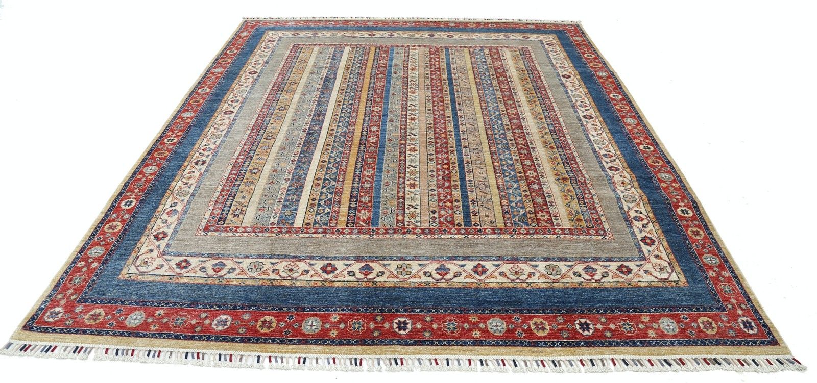 8x9,7 ft Kleurrijk Handgeknoopt Vloerkleed met Streeppatroon in Rood, Marineblauw en Beige photo Textiel
