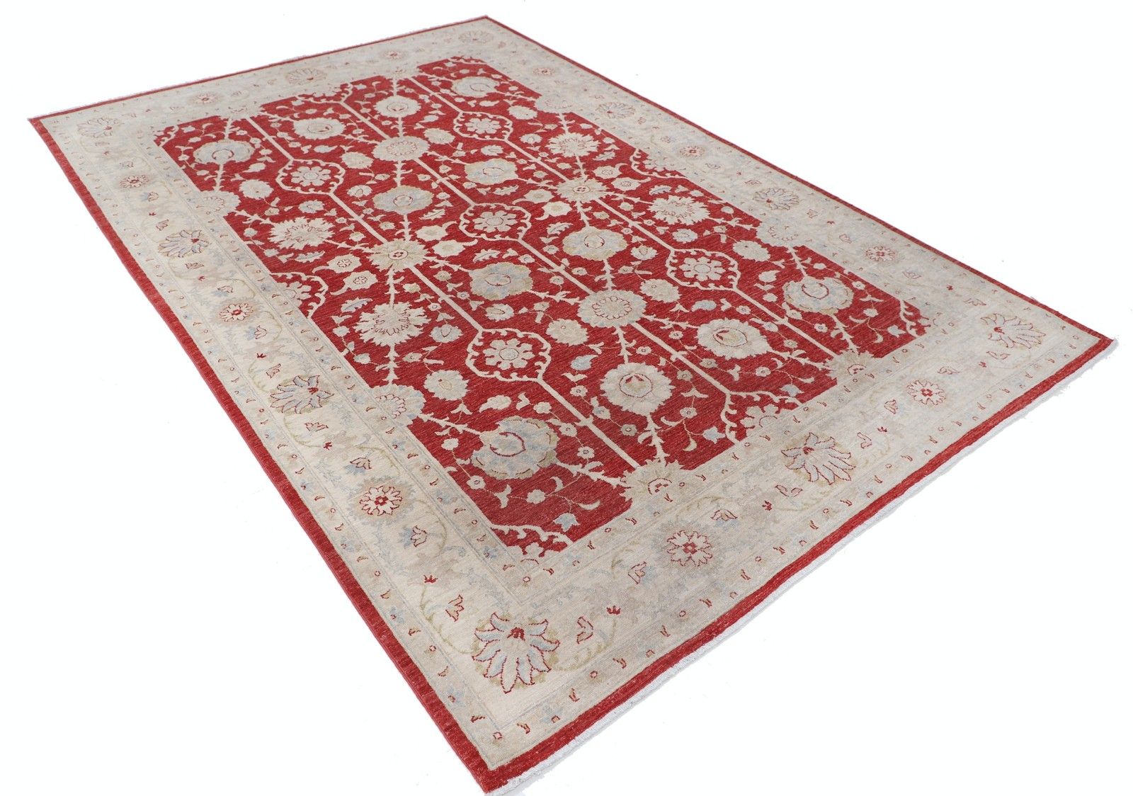 Tapis à motifs floraux noué à la main, champ rouge et bordure beige, 2,01 x 2,99 m photo furniture