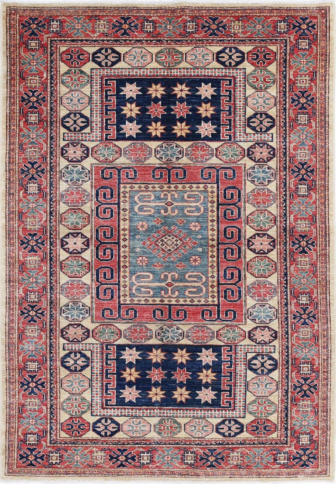 4.2x6 Ft Hand Knotted Red, Navy Blue, Light Blue Wool Rug With Geometric Design