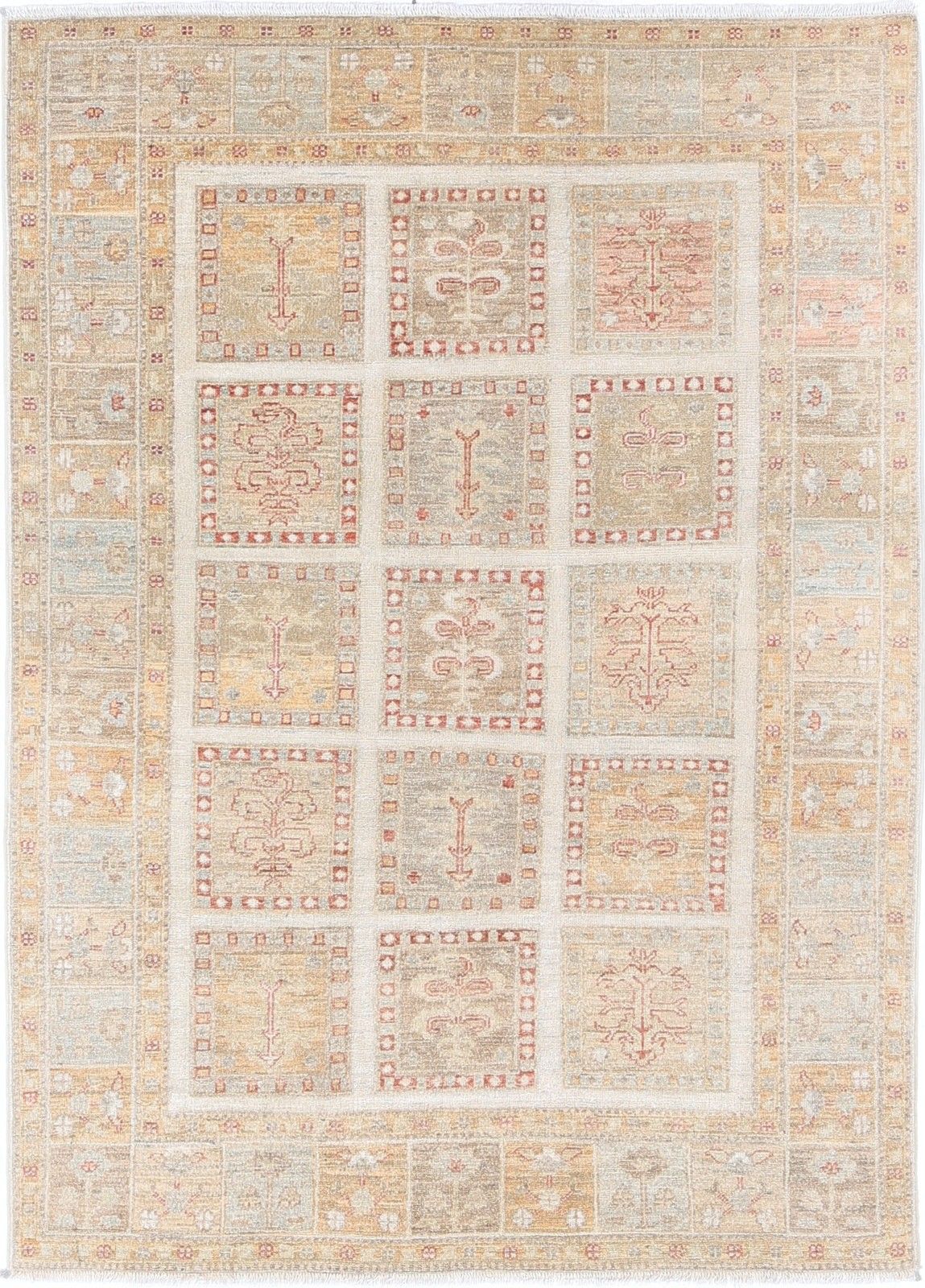 4.2x5.7 Ft Handknotted Beige, Soft Gold Wool Area Rug. Geometric Panel Small Rug