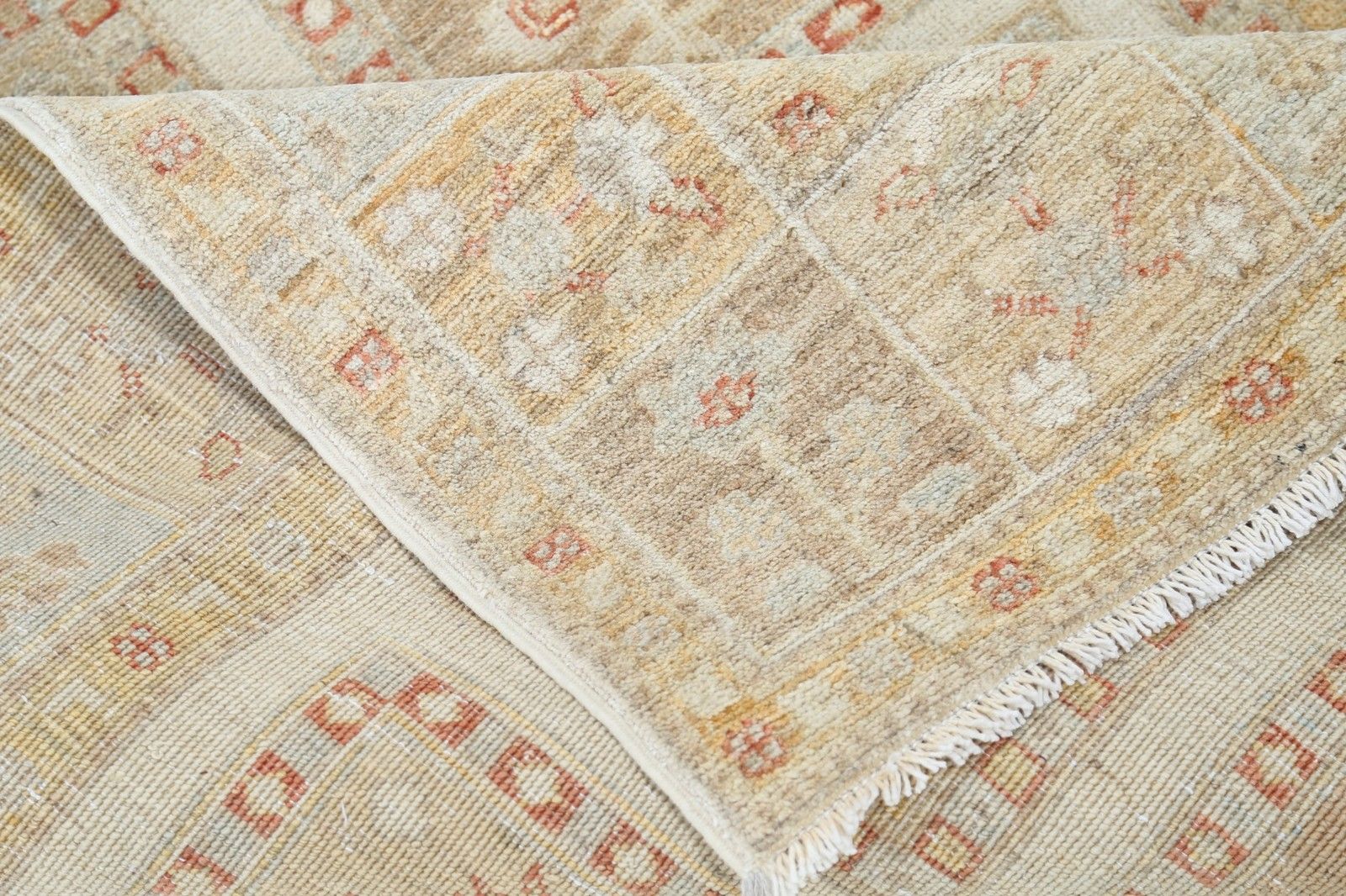 4.2x5.7 Ft Handknotted Beige, Soft Gold Wool Area Rug. Geometric Panel Small Rug photo 1142.0