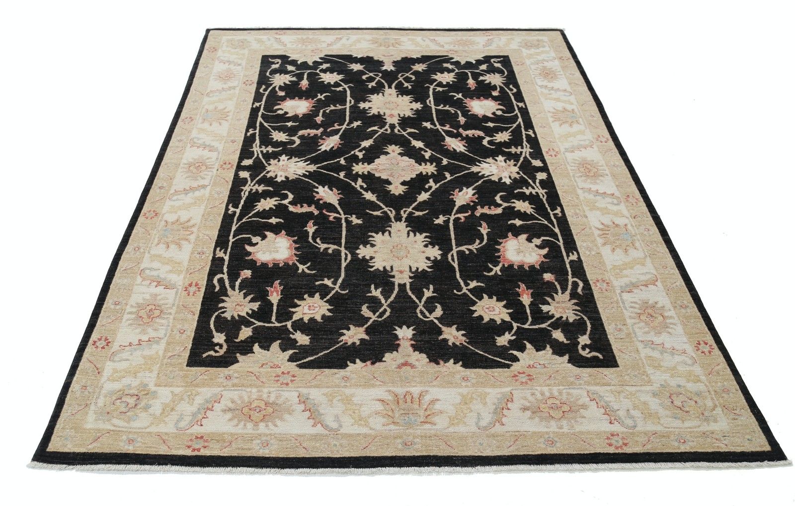 Tapis à motifs floraux noué à la main, fond noir et bordure beige, 1,70 x 2,40 m photo Textiles