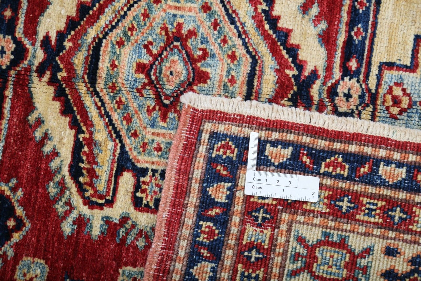 4x5.6 Ft Handmade Red, Navy Blue, Ivory Wool Rug With Geometric Medallion Design photo buy