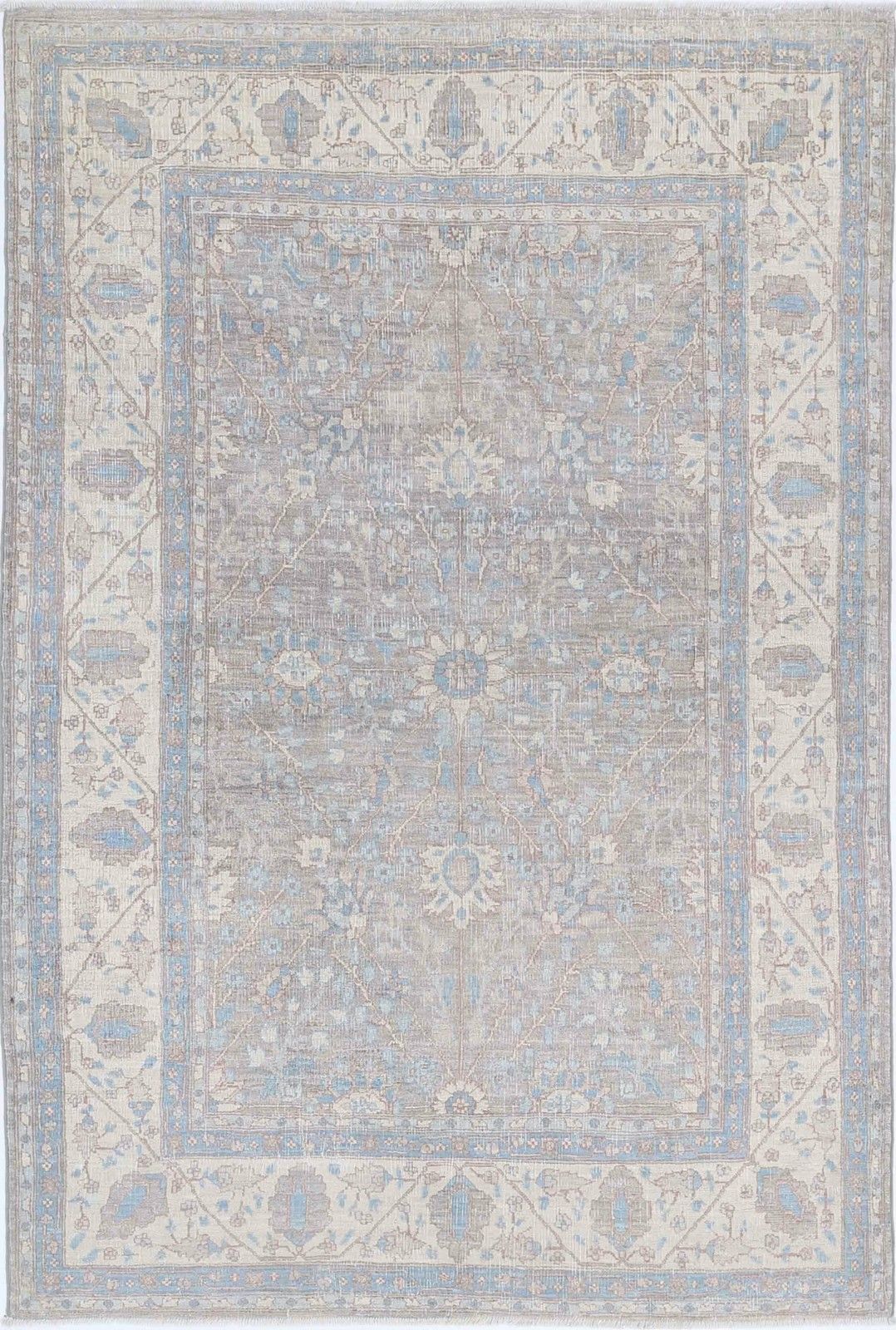 4x6 Ft Handgeknoopt vloerkleed in ivoor, lichtblauw en grijs. Klein sierkleed met bloemmotief