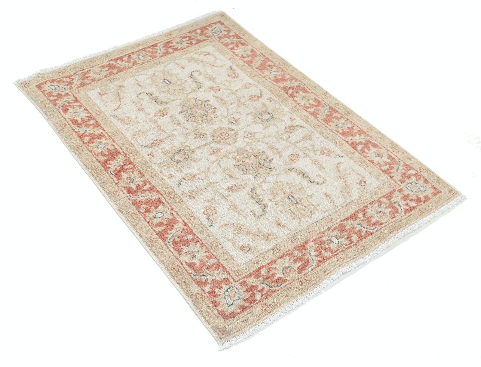Tapis d'appoint noué à la main beige à bordure rouge, motif floral en laine, 84 x 120 cm photo furniture
