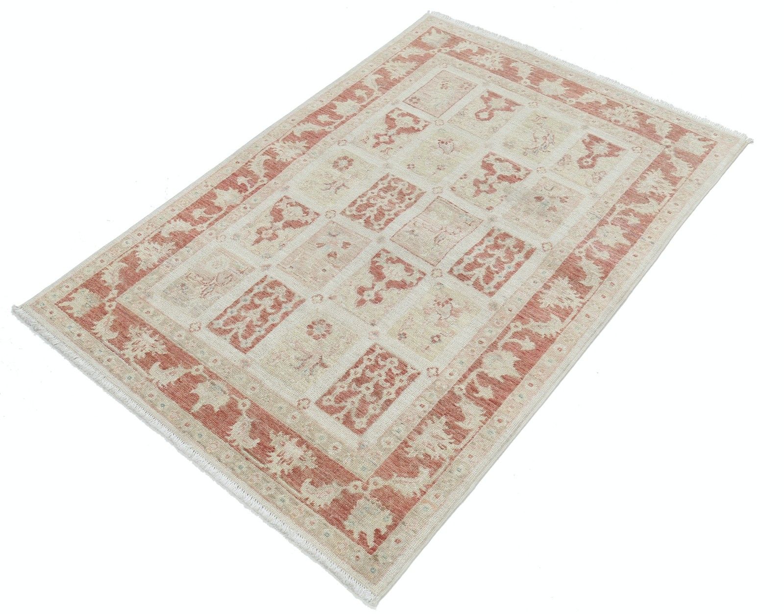 Tapis en laine noué à la main, rouille et beige, 1 x 1,5 m - Tapis d'accent à panneaux géométriques photo for sale