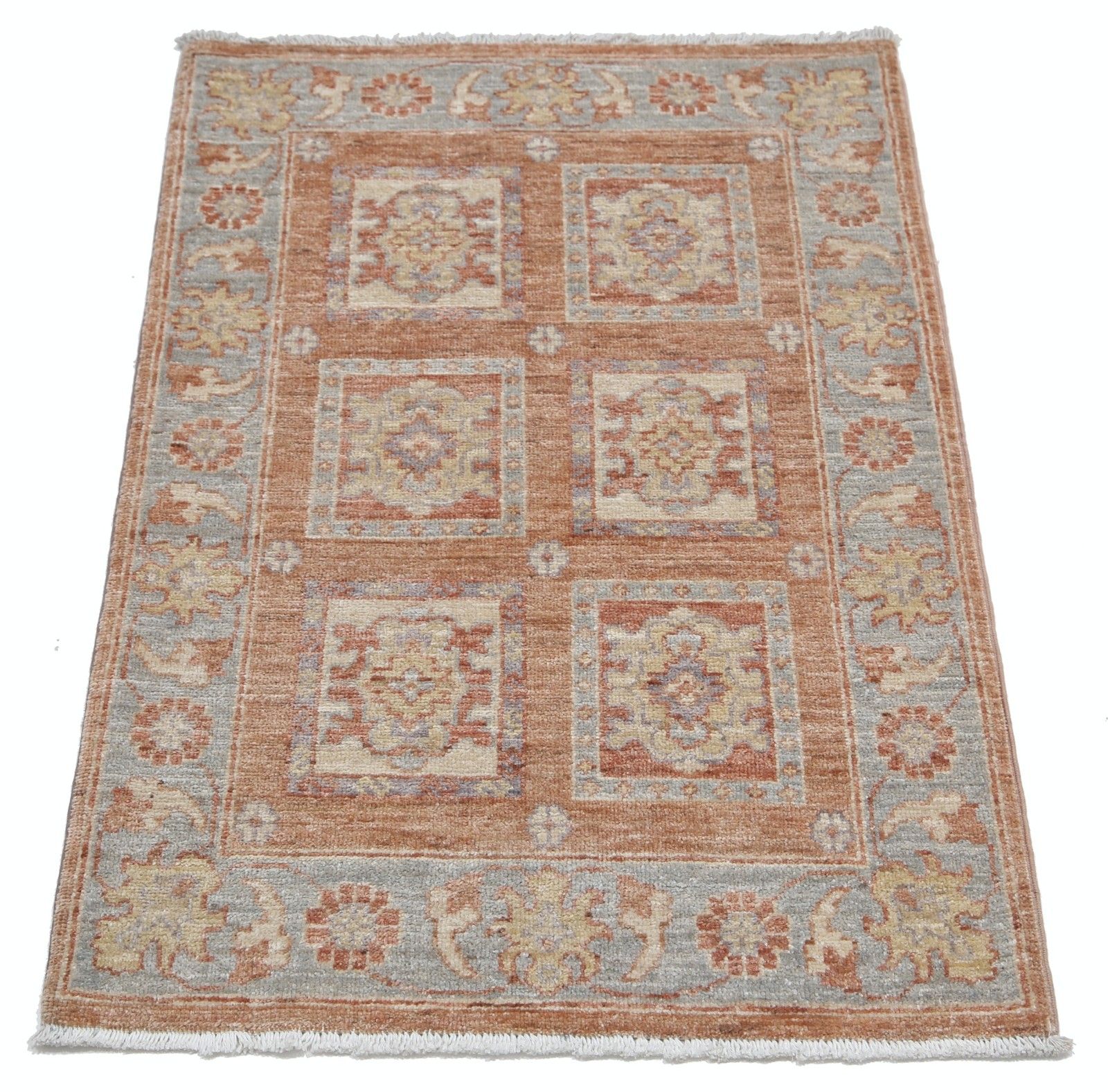 Tapis en laine turc noué à la main, rouge, beige, bleu clair et ivoire, 64 x 100 cm photo Textiles